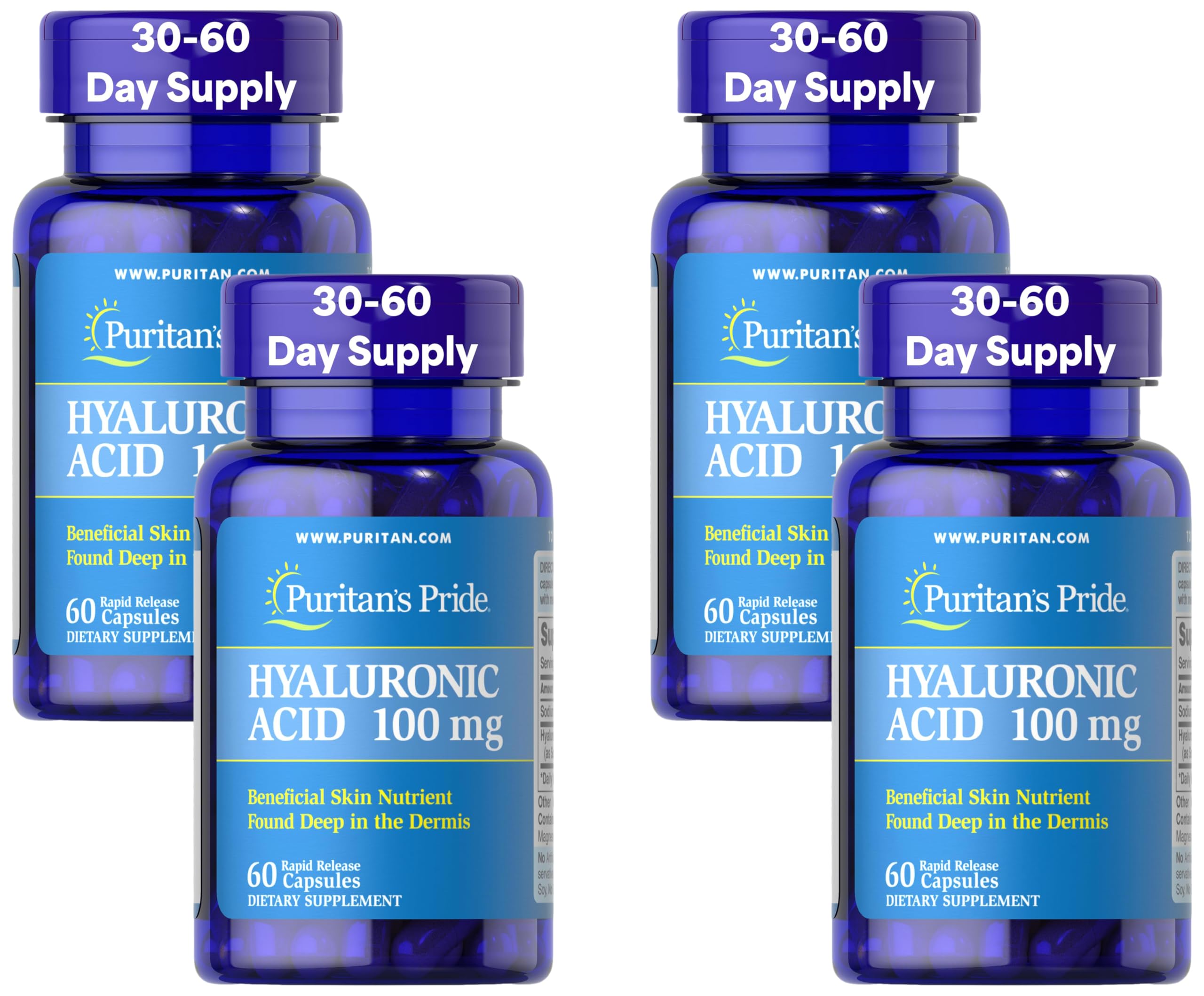 Puritan's Pride Hyaluronic Acid 100 mg Capsules, 60 Count (Pack of 4)