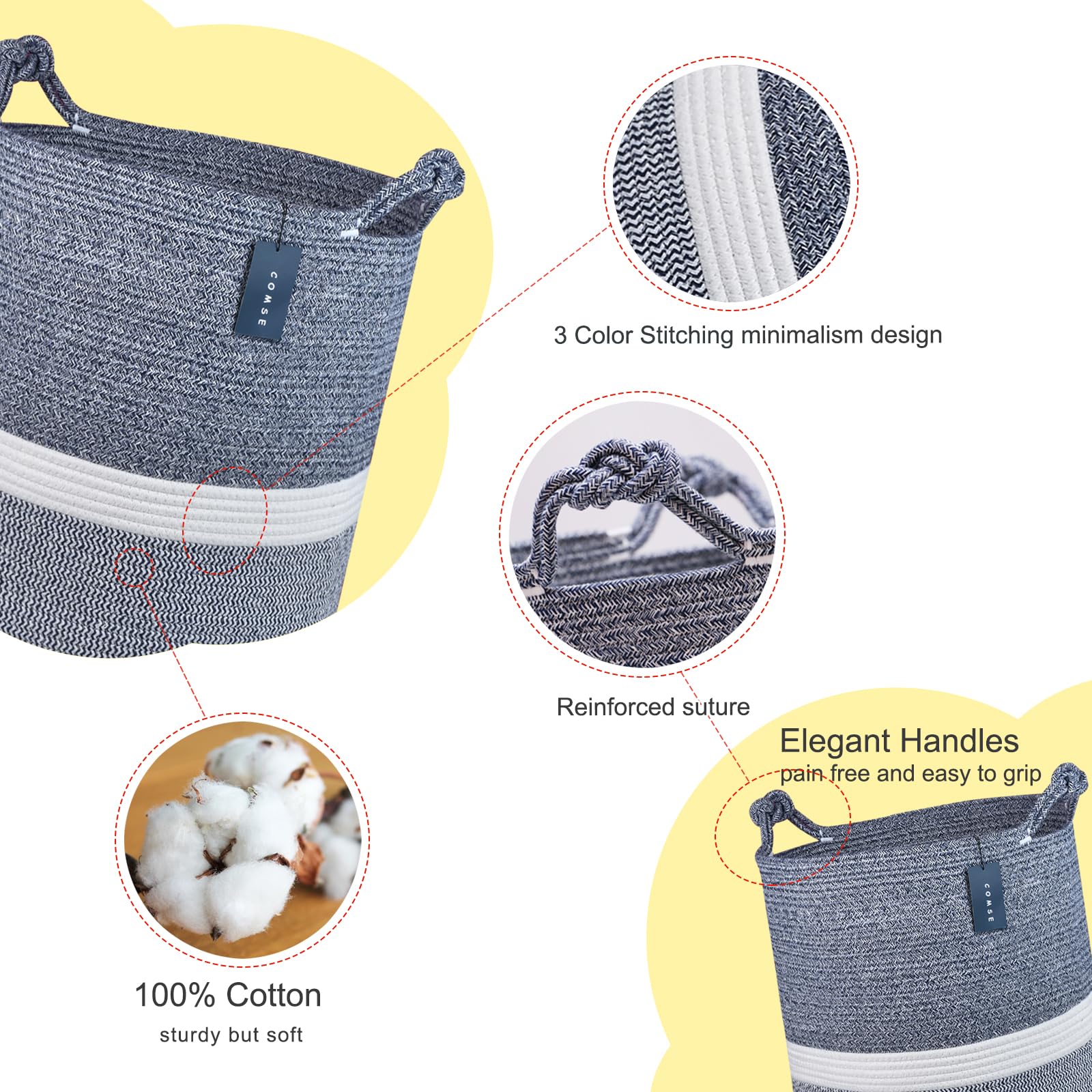 COMSE Extra grote dekenmand, hoge geweven opbergmand, kinderkamermand, 39,9 x 55 cm, katoenen touw wasmand voor speelgoed kleding handdoeken, mix marineblauw/wit
