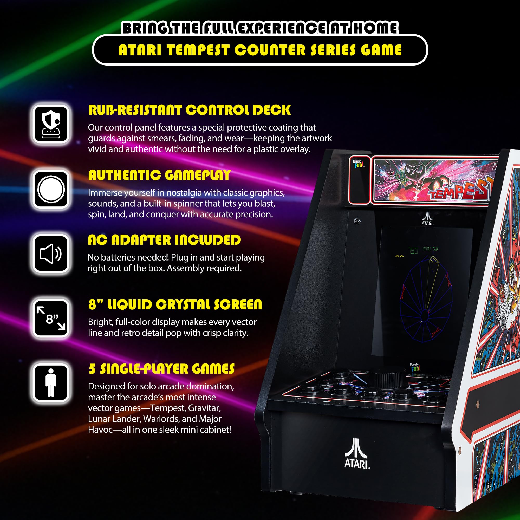 Arcade Classics - Atari Tempest Counter Series Game Machine, 5 Giochi, Schermo a cristalli liquidi da 8 pollici - Mini armadio, gioco portatile, retrò, console da lavoro, decorazione cantina, grotta