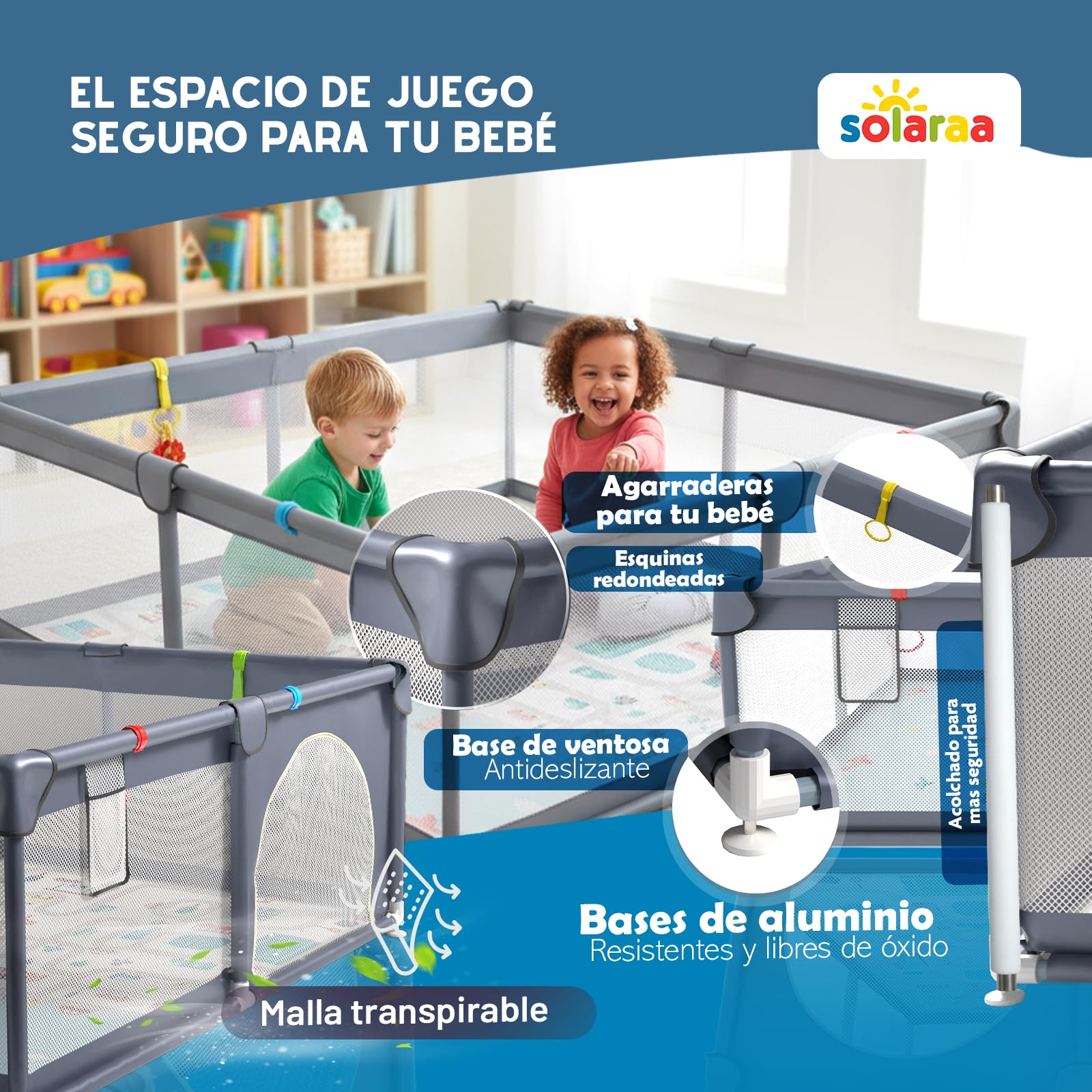 Corralito Bebé XL 150×180 cm + Alfombra Acolchada Reversible+6 Asas de Agarre + Bolsa de Transporte | guia didactica infantil+Contraste Libros de Tela Bebé