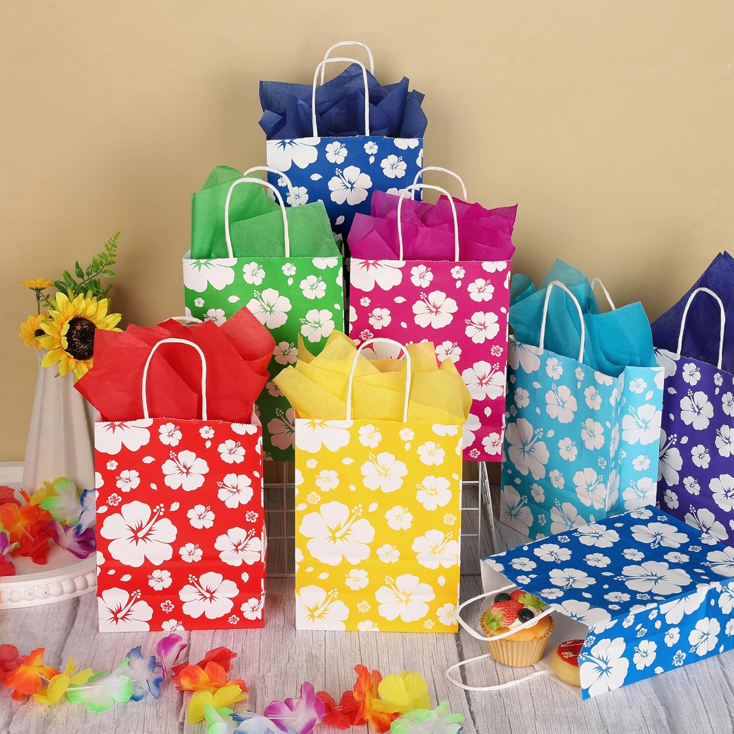 MIMIND 48 Pack Hibiscus Party Favor Bags Hawaiian Themed Paper Bag with Handles Tissue Paper Summer Tropical Gift Bags Tiki Luau Treat Goodie Bag for Hawaii Party Summer Birthday Supplies, Multicolor