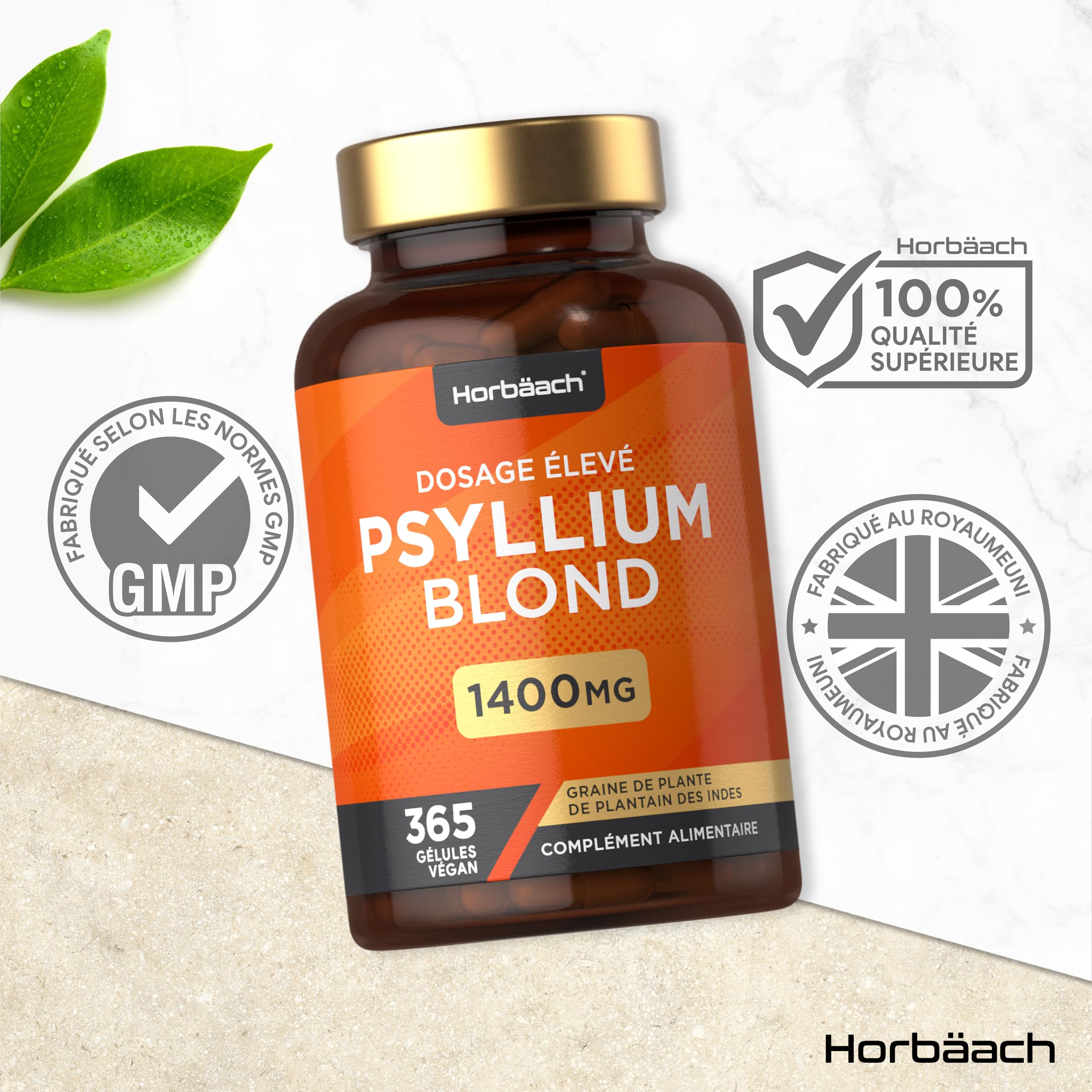 Psyllium Blond Gelules 1400 mg | 365 Psyllium Gelules Vegan | 6 Mois | Fibre de Psyllium Husk Haute Dosage | Prébiotique naturel | Horbaach
