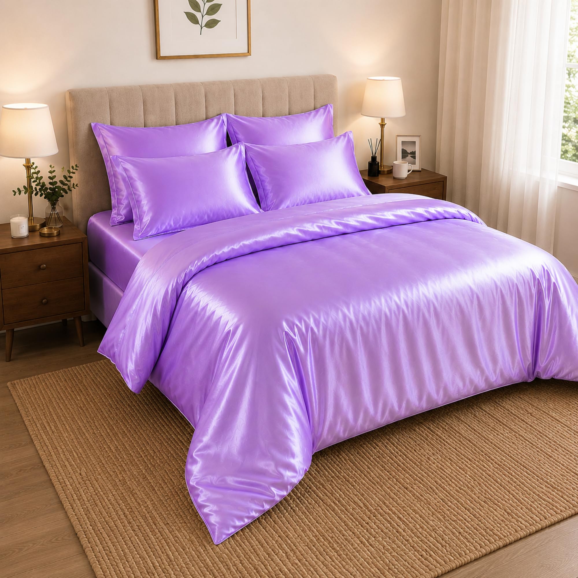Hadi London Satin Silk 6 Piece Complete Bedding Set with Silky Deep Fitted Sheet Reversible Duvet Cover Comforter & 4 Pillowcases for Single Double King Super King Size Bed (Lilac, Double)