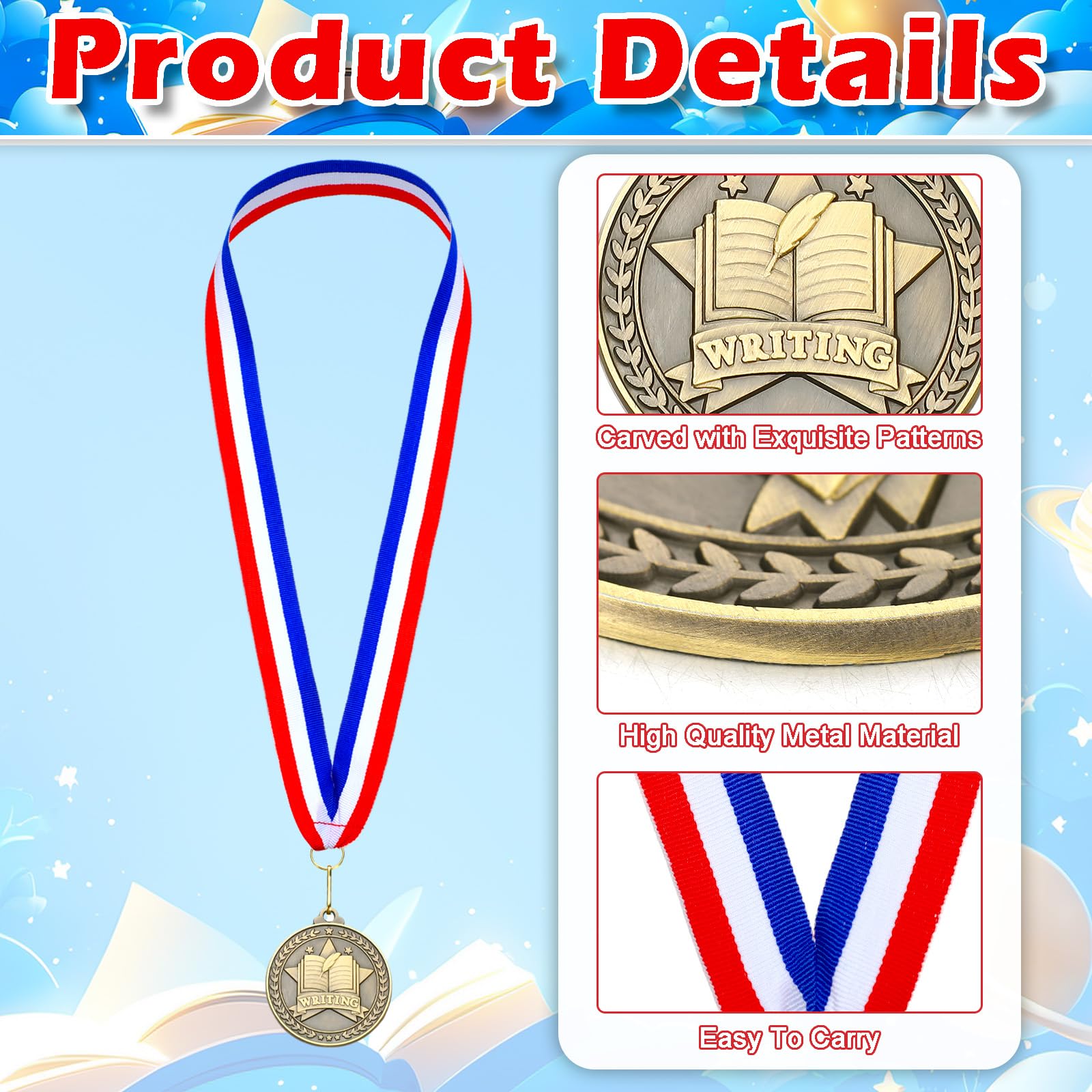 Quelay 30 medallas de premio de 2 pulgadas, medallas de oro a granel con cintas para el cuello, trofeo de metal, regalo para torneos, competiciones, fiestas, niños y adultos (escritura)