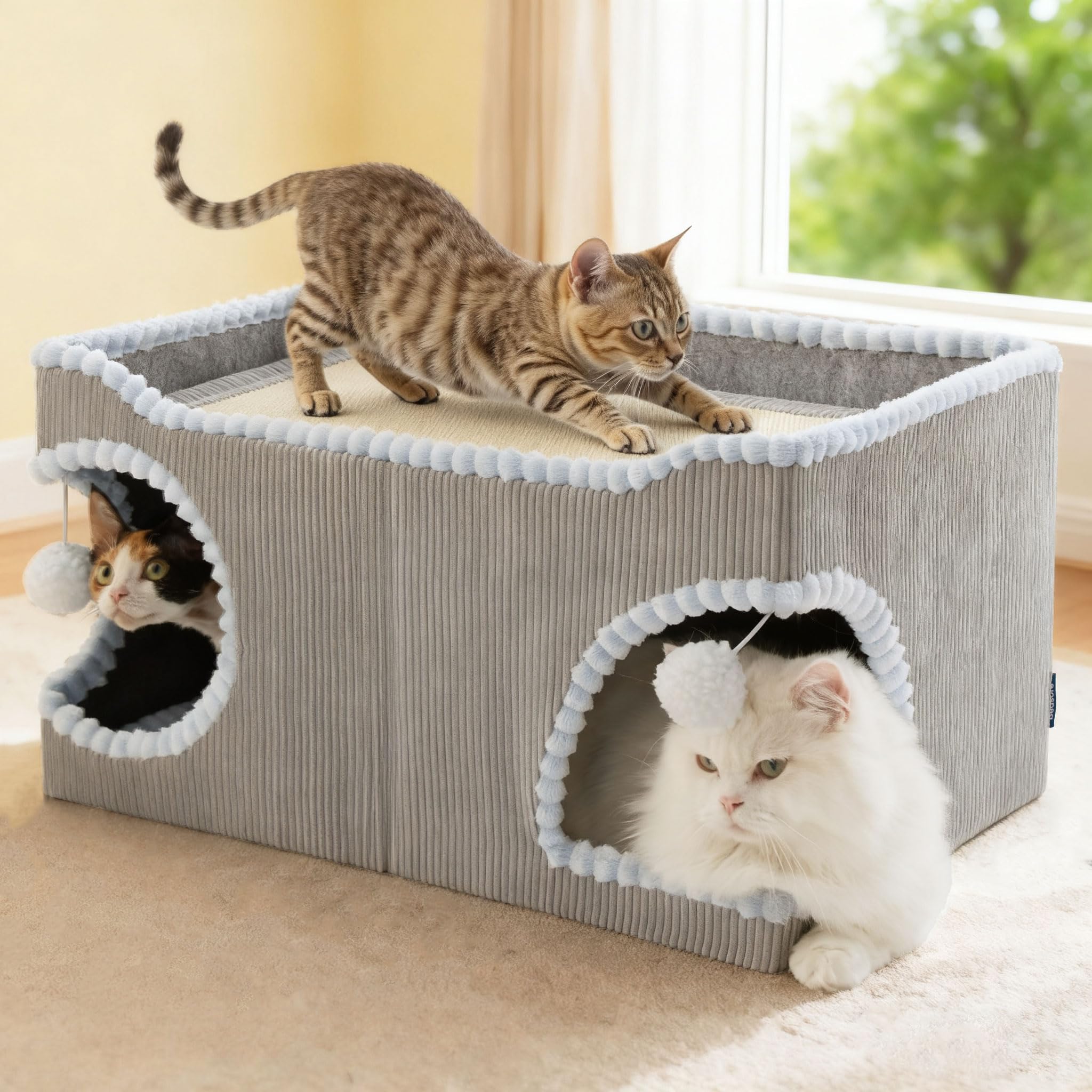 Bedsure Large Cat Beds for Indoor Cats - Extra Wide Cat House with Scratch Removable Top Sisal Pad