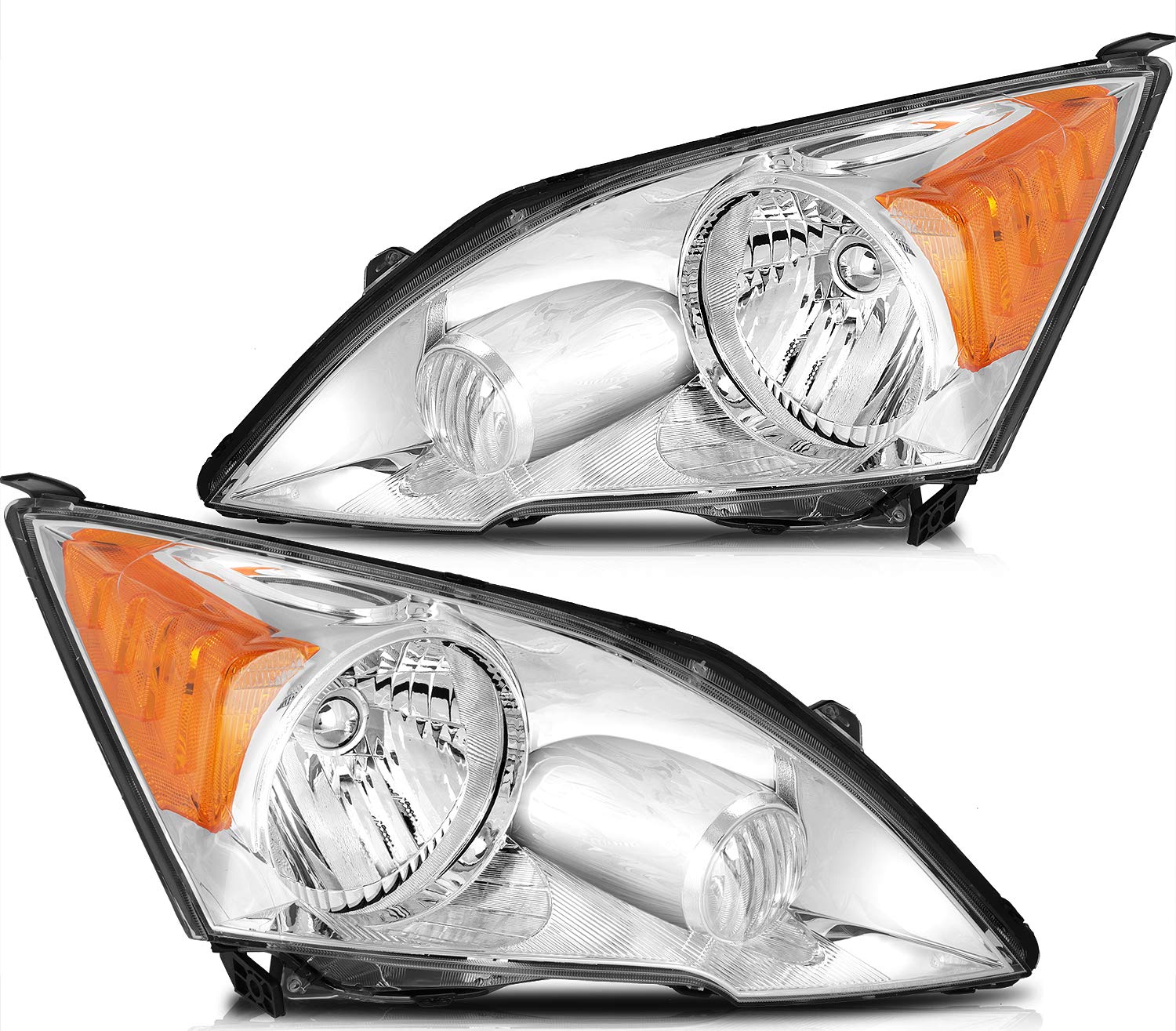 Headlight Assembly For Honda CR-V 2007-2011 Chrome Housing Amber Reflector Clear Lens Driver and Passenger Side Headlamp