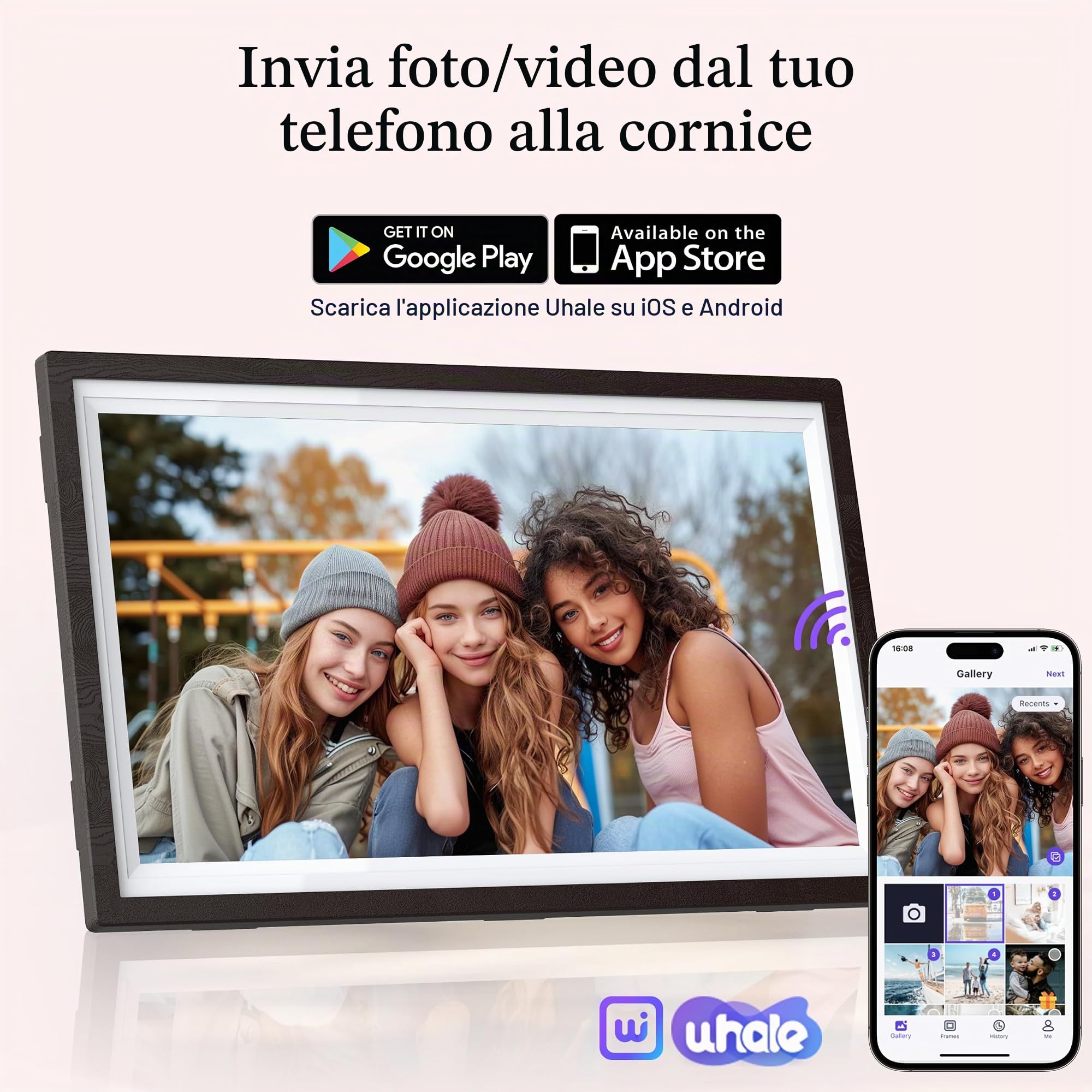 BYYBUO Cornice per foto digitale WiFi da 15,6 pollici, 1366 x 768 IPS Touchscreen, cornice digitale 32G noce marrone, condividere foto o video tramite l'app Frameo 2023