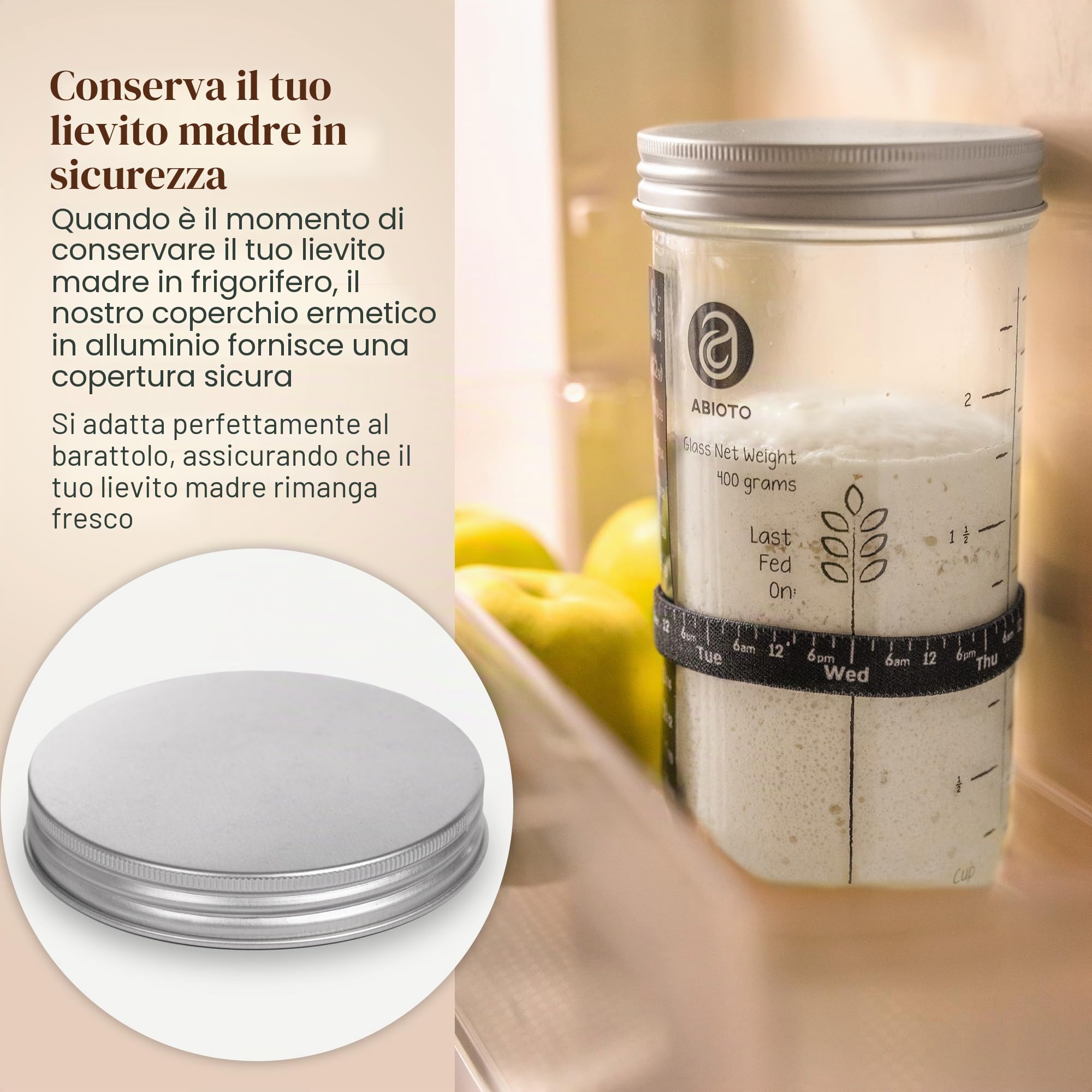 Kit per Lievito Madre, barattolo con coperchio metallico, spatola in silicone, tracker di alimentazione, strisce termometriche e coperture traspiranti (710 ml)