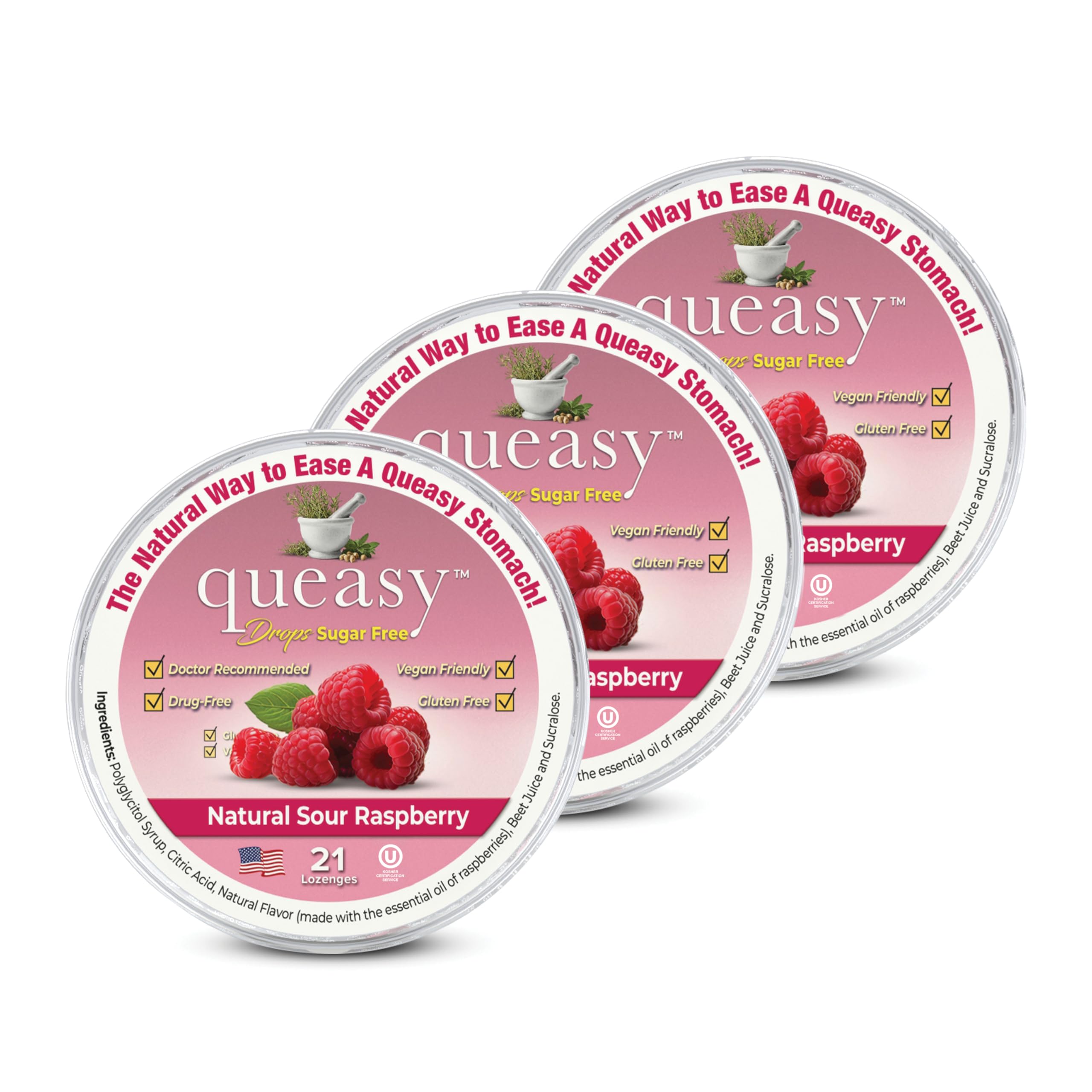 Three Lollies Queasy Drops Sugar Free - Natural Sour Raspberry Flavor - Ease Chemotherapy Nausea &amp; Travel Sickness - Alleviates a Dry Mouth - Natural Ingredients - 21 ct (3-Pack)