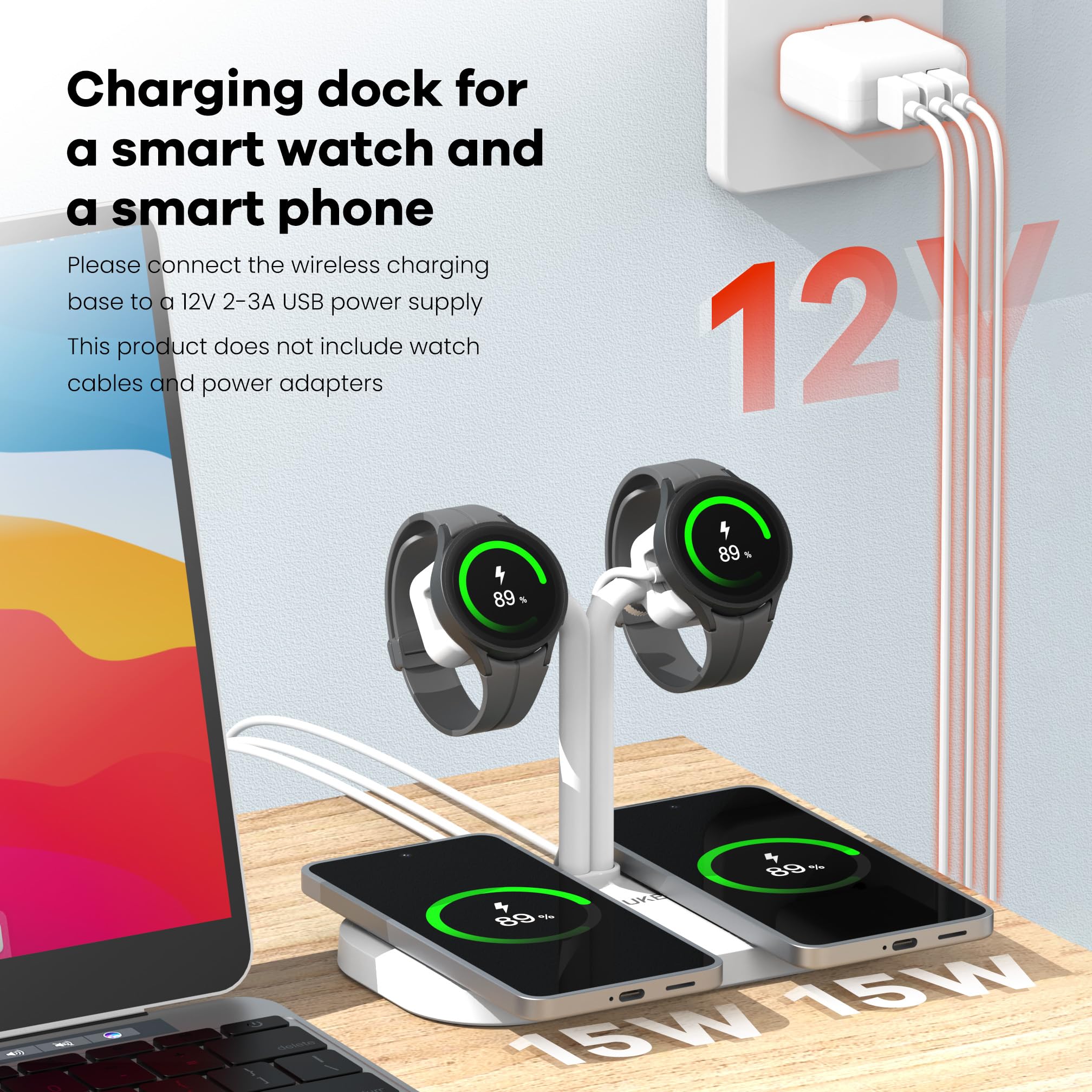 4-in-1 Dual Phone Wireless Charging Dock und Dual Watch Ladegerät Ständer für iPhone 17/16/15/14/12, für AirPods/Buds, für Samsung S25-S21 für iWatch/Galaxy/Pixel/Fitbit (422-W)