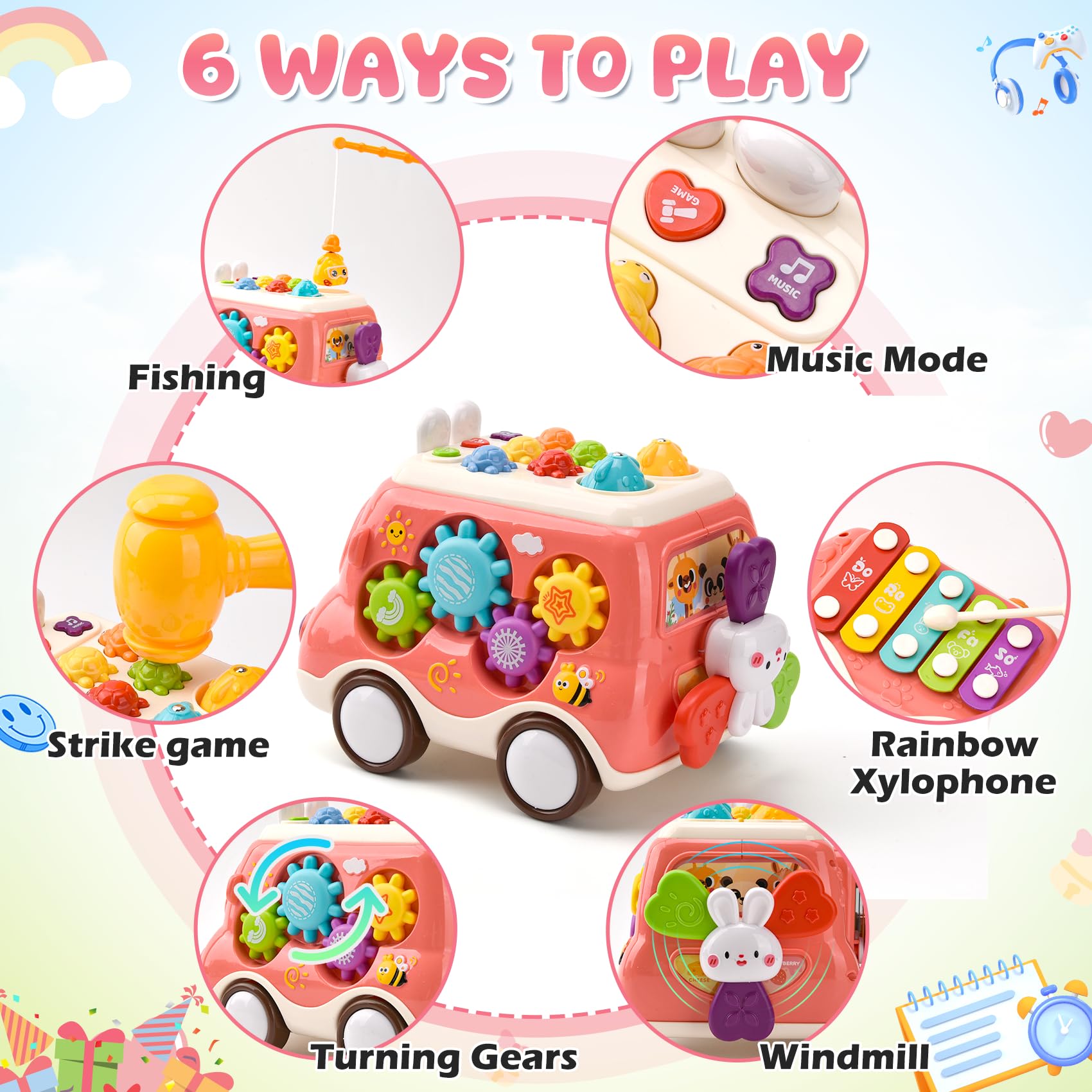 Giochi Bambini 1 Anno, Montessori Autobus Musicali, Giocattoli Bambini 1 2 Anni, Giochi Montessori 1 2 Anno, Regalo di Compleanno per Bambini di 1-2 Anni (Rosa)