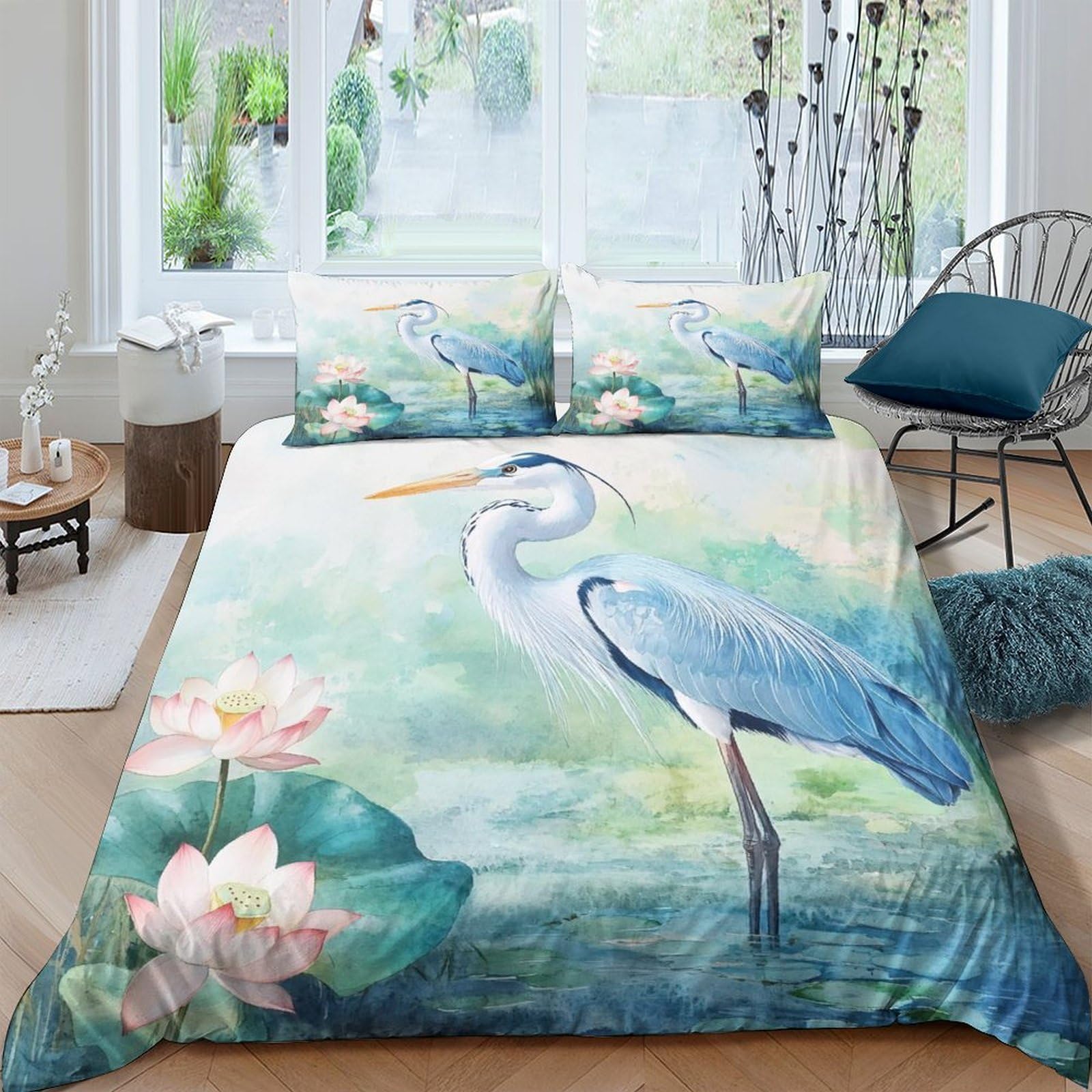 Ctjqhvkz Style-5 3D Printed Blue Heron Fitted Sheet Microfiber Watercolor Lotus Mattress Cover Soft Washable Decor For Bedroom Guest Room Single（135X200cm）
