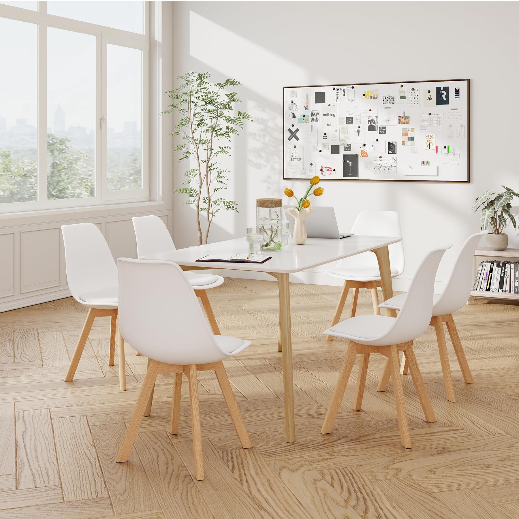 GrandCA HOME 4er-Set Esszimmerstühle, Bürostühle mit Beinen aus massiver Buche, Retro-Design, gepolsterte Stühle, Küchenstühle aus Holz, Weiß