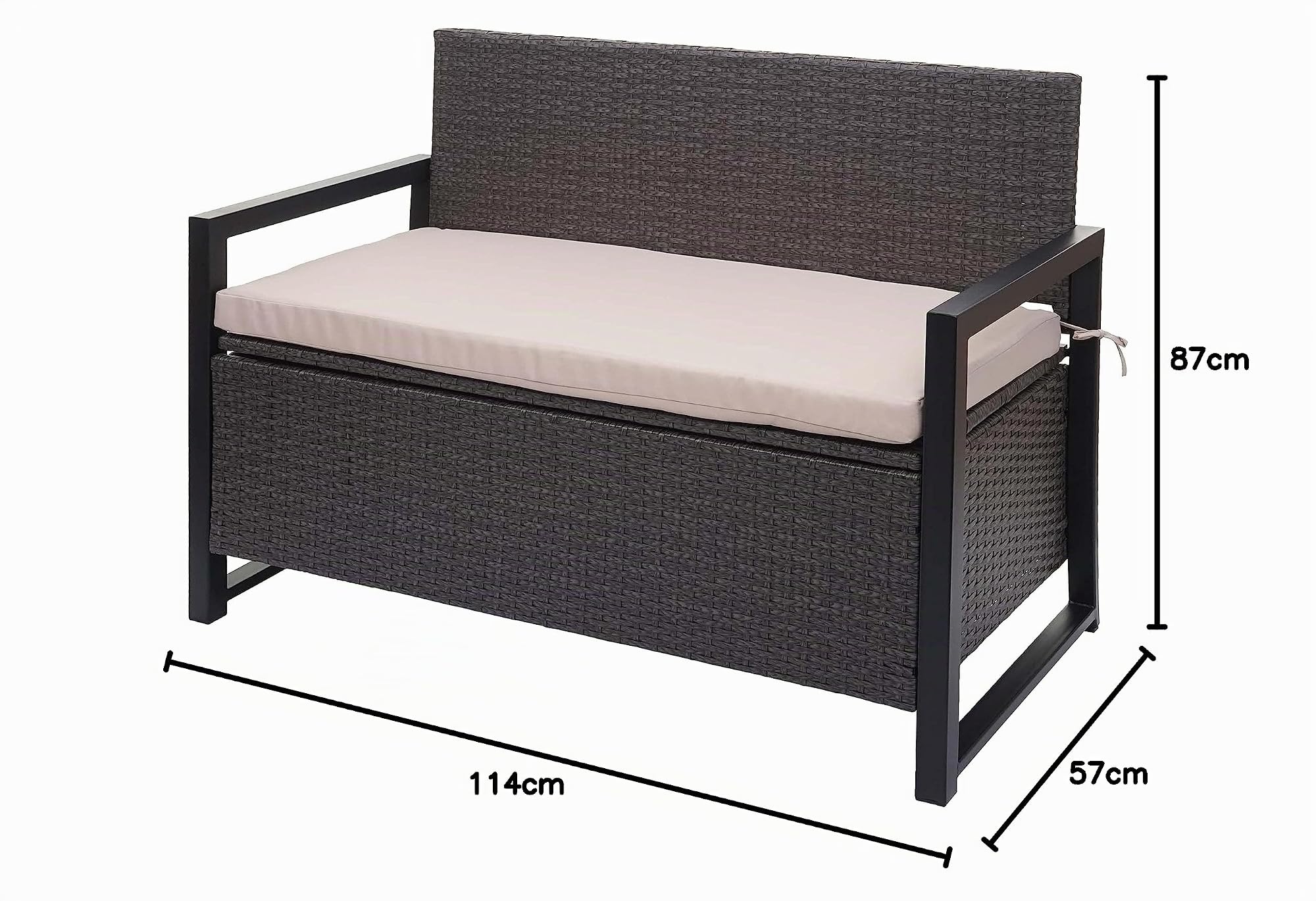 Mendler Banco de 2 plazas HWC-F39 de polirratán, banco de jardín, baúl, compartimento de almacenamiento, cojín de almacenamiento, color gris, cojín beige