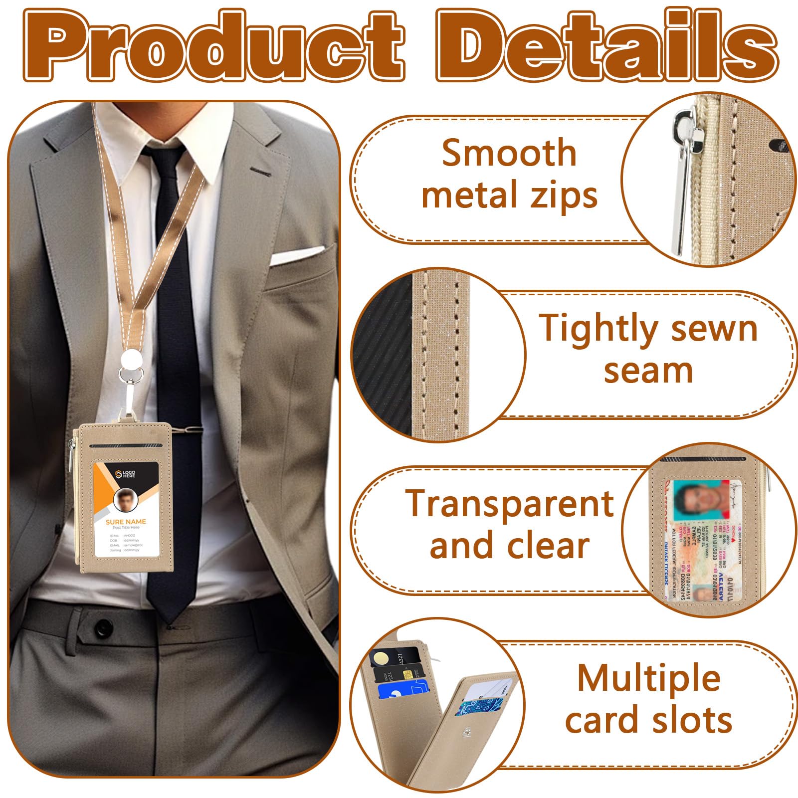 ID Badge Holder with Zip Pocket, Leather TD Card Holder with Lanyard - Image 4