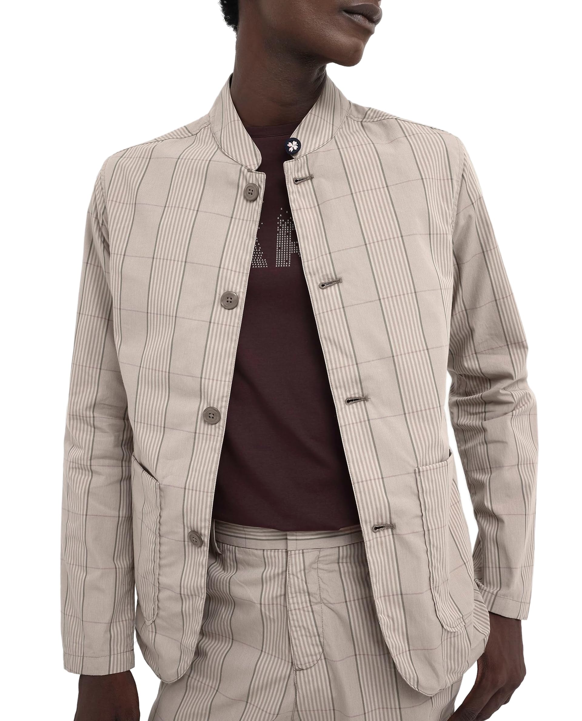 rare rabbit Men Relaxed Taupe Brown Checked Cotton Stand Collar Jacket-picture-25