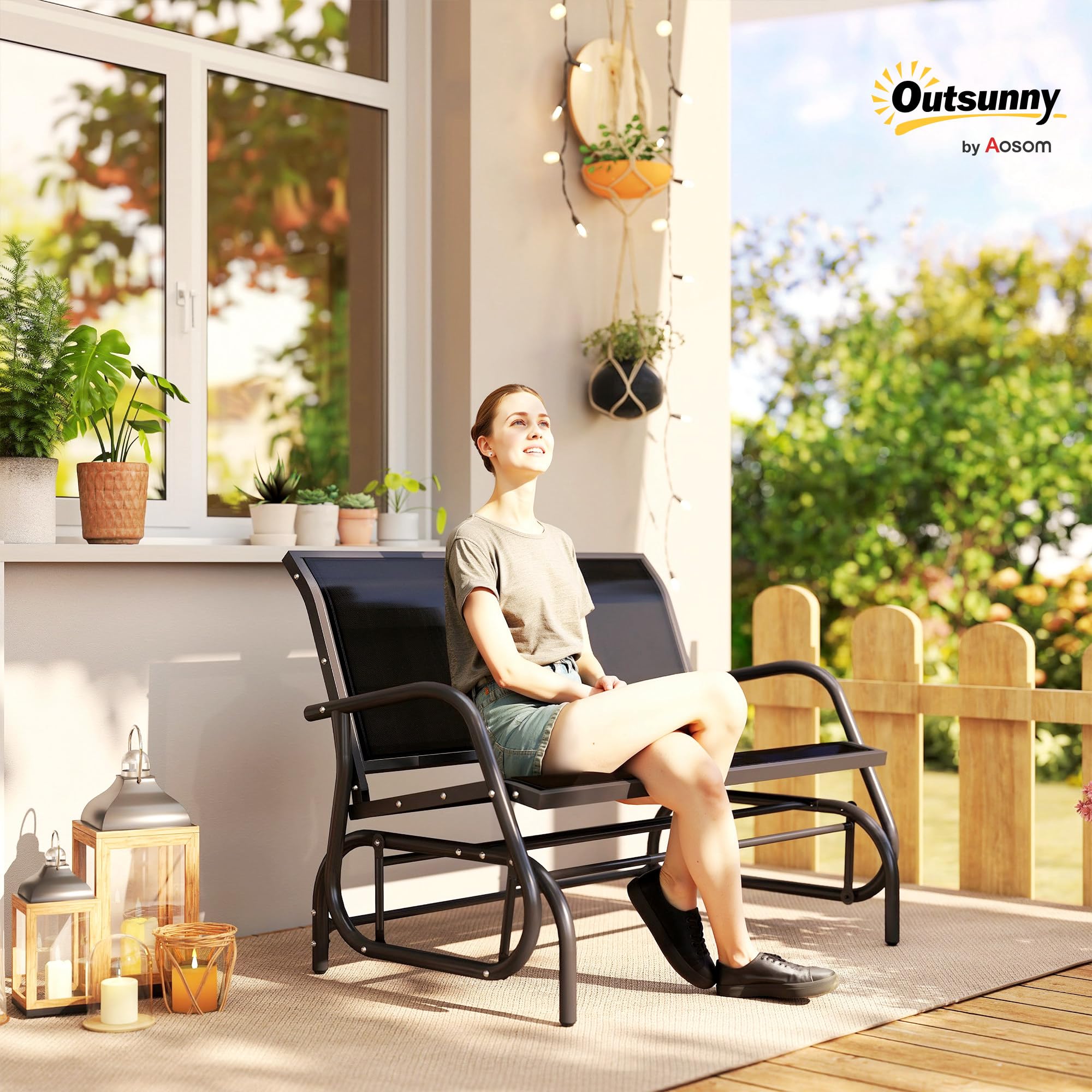 Outsunny Banco Balancín Tipo Silla Oscilante de Jardín o Patio con 2 Plazas 120x70x85 cm Carga 200kg Metal y Tela Texteline