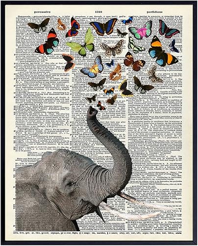 Elephant Butterfly Dictionary Art  8x10 Vintage Wall Decor, Home Decoration for Bedroom, Living Room  Whimsical Unique Chic Gift for Nature and