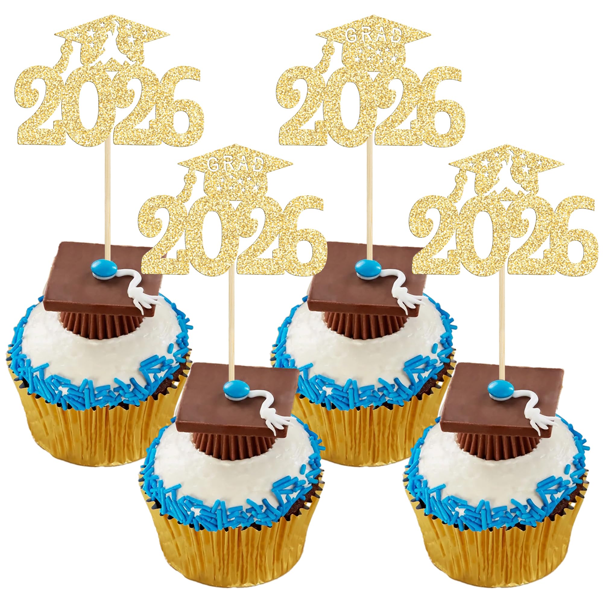 Gyufise 24Pcs Gold 2026 Graduation Cupcake Toppers Glitter Graduation Cap Cupcake Picks Class of 2026 Cake Decorations for 2026 Theme Party Decorations Supplies