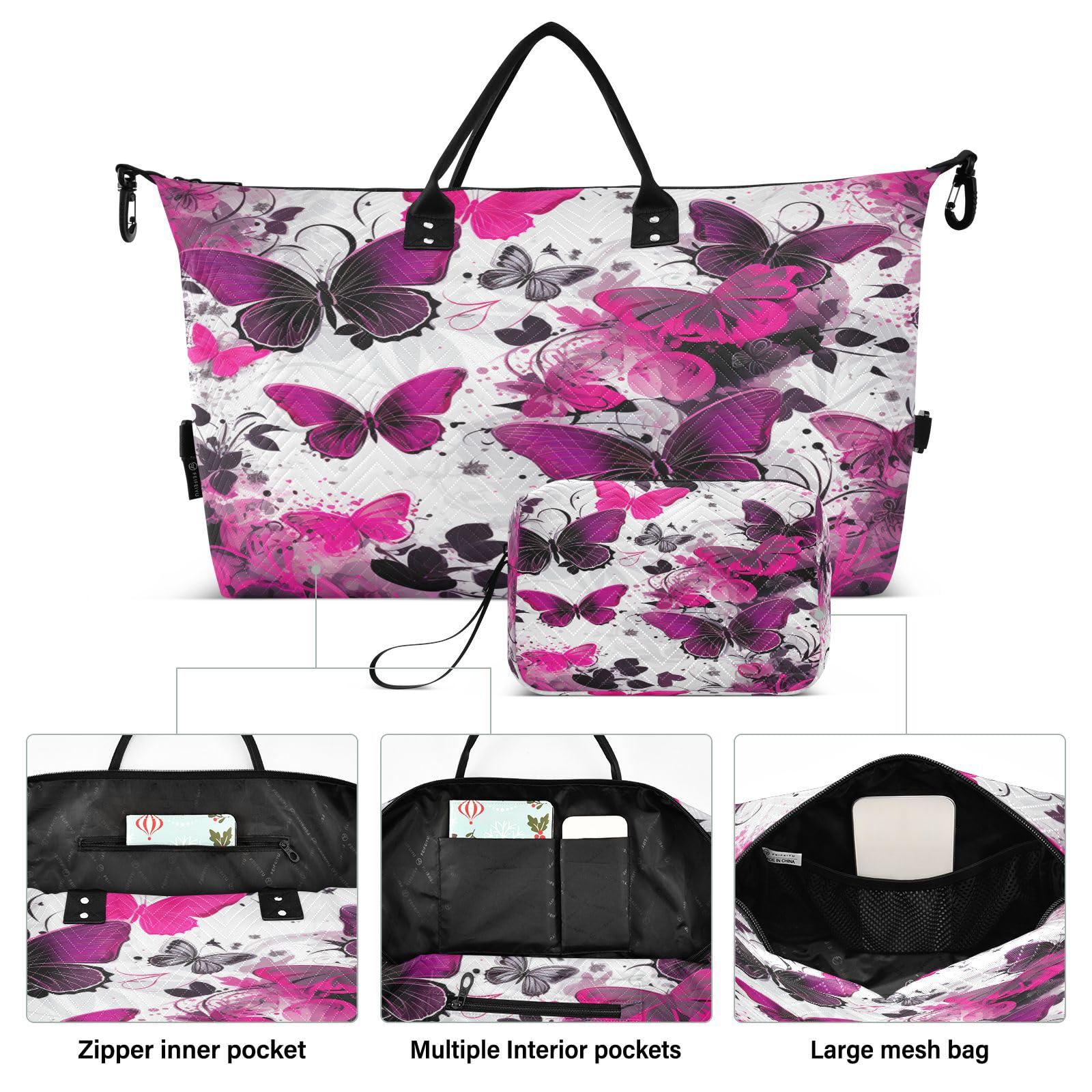 Butterflies Pink Art Sports Swim Gym Bag Weekender Duffel Travel Bags Handbag with Makeup Storage Bag for Girls Men