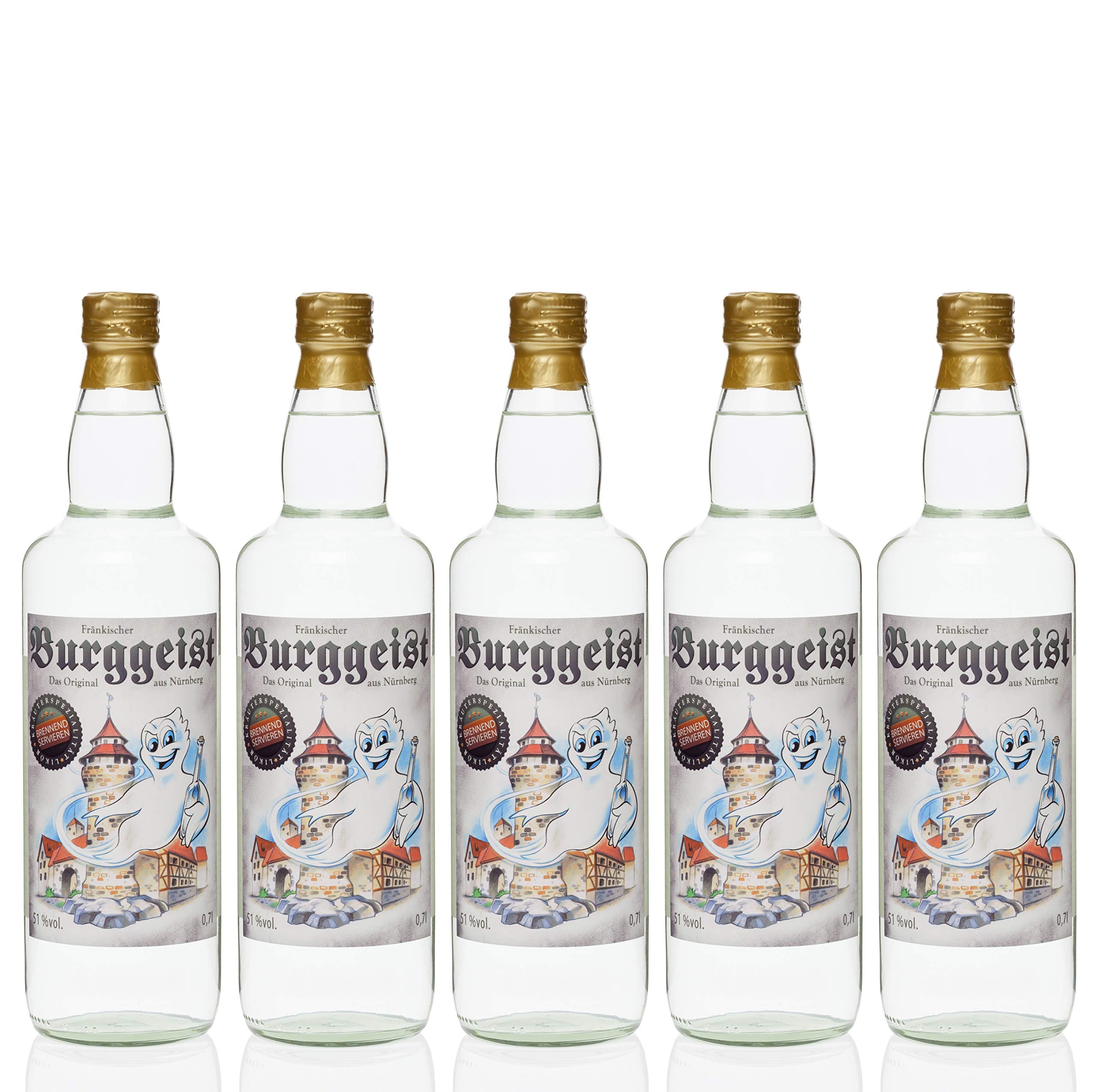 Fränkischer Burggeist ® 0,7 Liter 5 Flaschen Kultbrand DLG Gold, Nürnberg, Deutsche Qualität vom Hersteller, Kräuterlikör, Kräuterliqueur, Kräuterschnaps, Wer Hochmoorgeist mag, wird Burggeist lieben