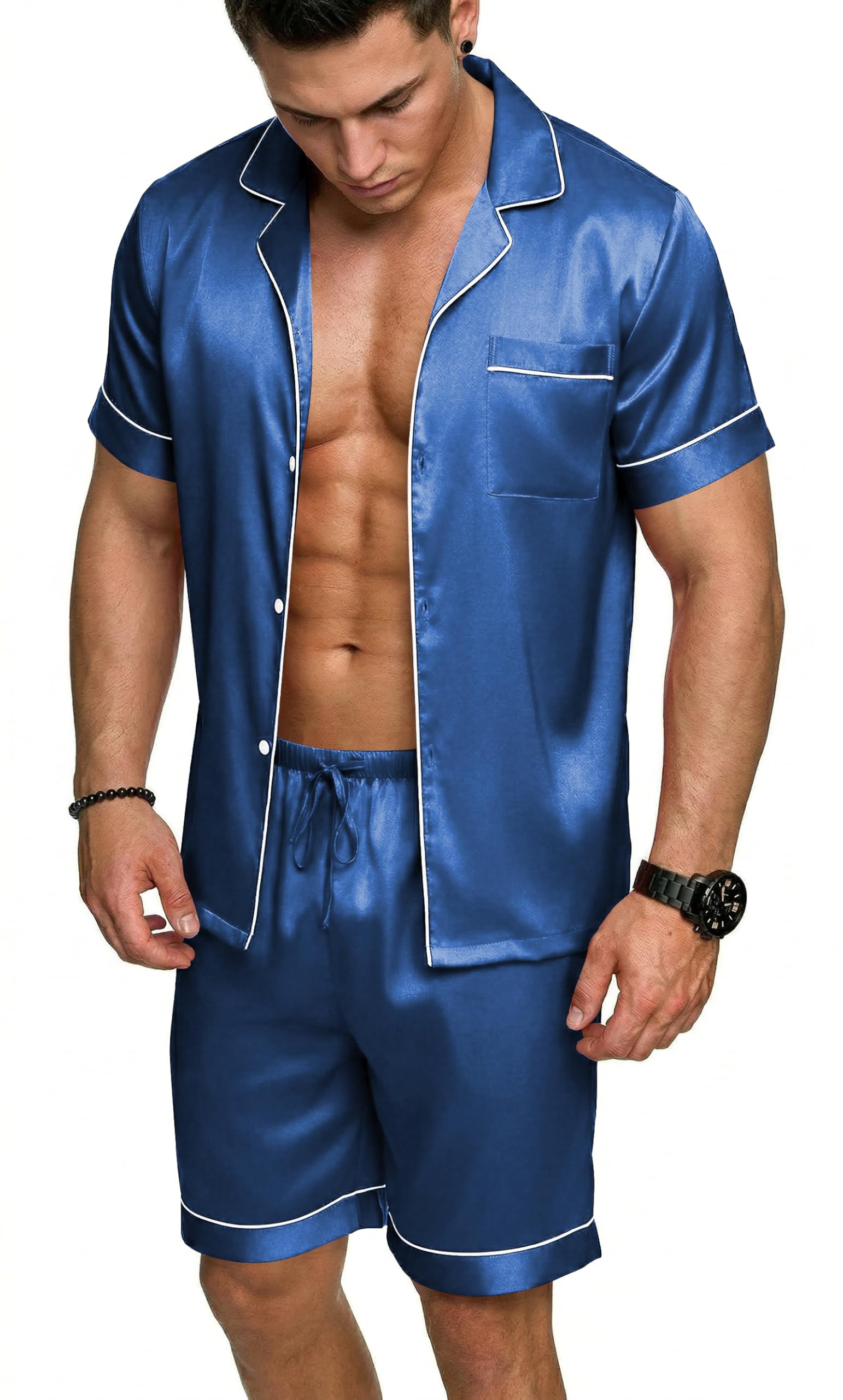 Ekouaer Mens Silk Satin Pajamas Set, Short Sleeve Sleepwear Lightweight Button Up Lounge Pjs Set with Pockets S-4XL — view 10