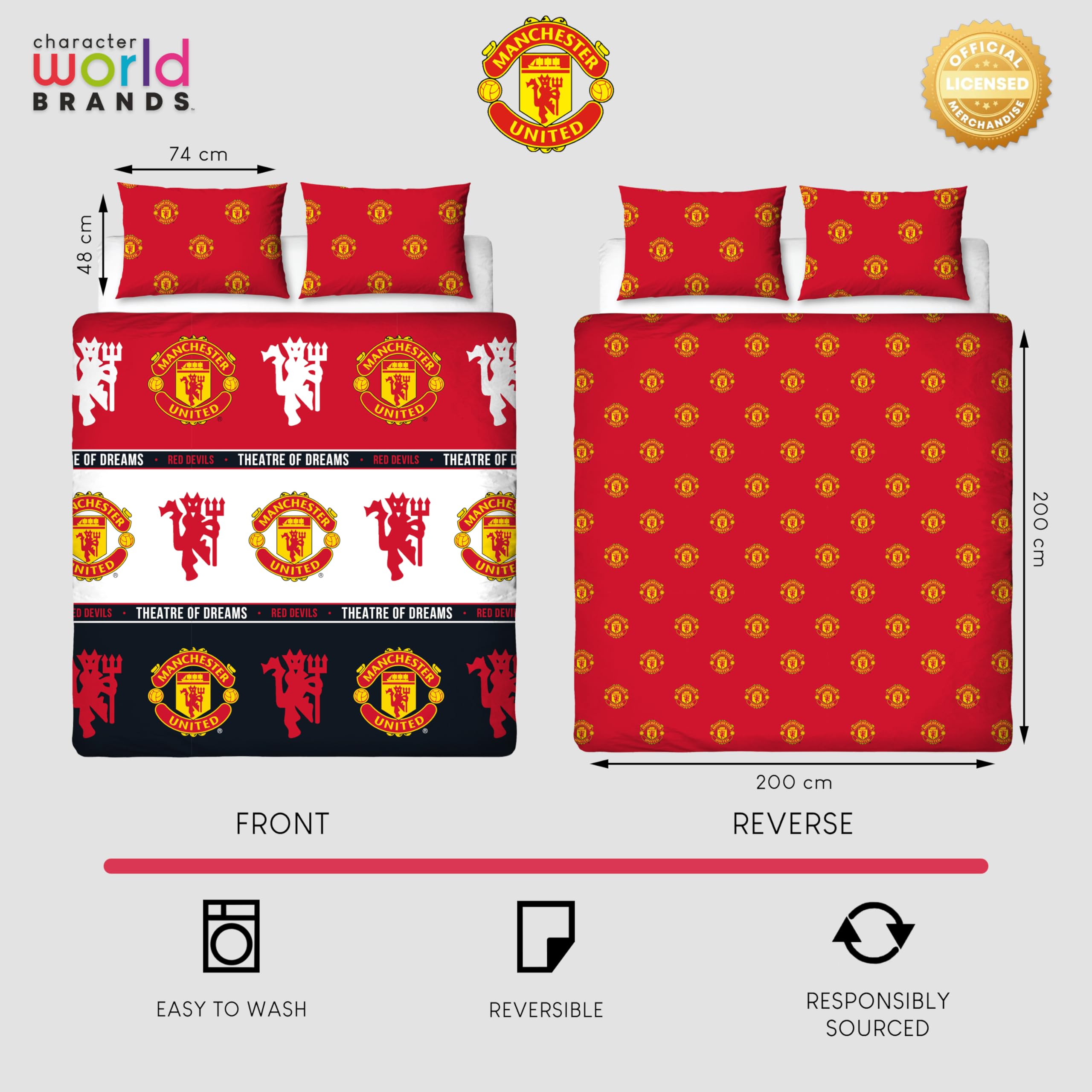 Offizielles Doppelbettbezug-Set von Manchester United FC, Patch-Design | Roter, wendbarer, zweiseitiger Fußball-Bettbezug, offizielles Merchandise, inklusive passender Kissenbezüge