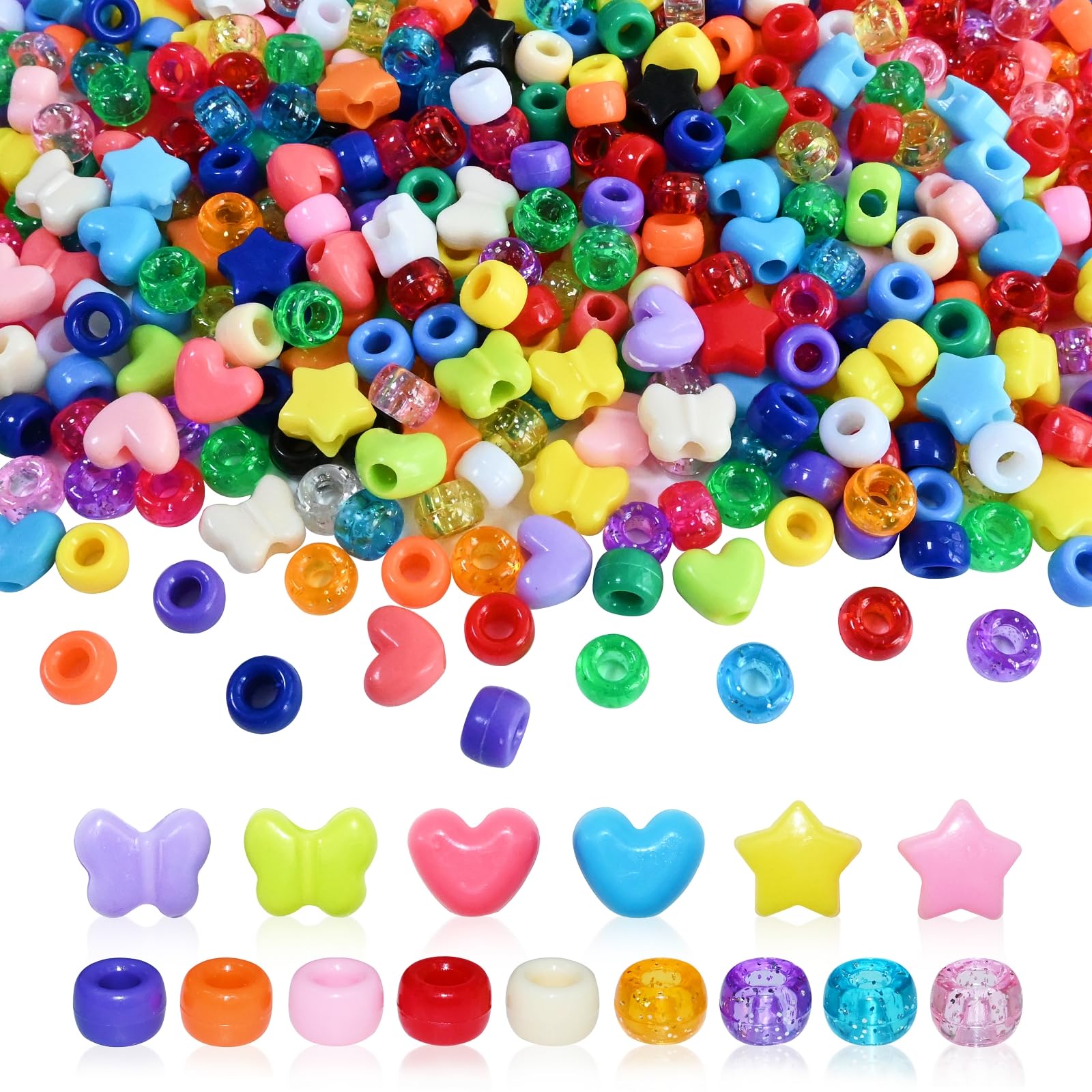 Lnvision 700 Stück assortierte Acrylperlen, Pony perlen, Herz, Stern,Schmetterlingperlen Große Löcher, Multifarbig Ideal für Armbänder, Ketten, Weihnachten, Valentinstag Basteln & Schmuckherstellung