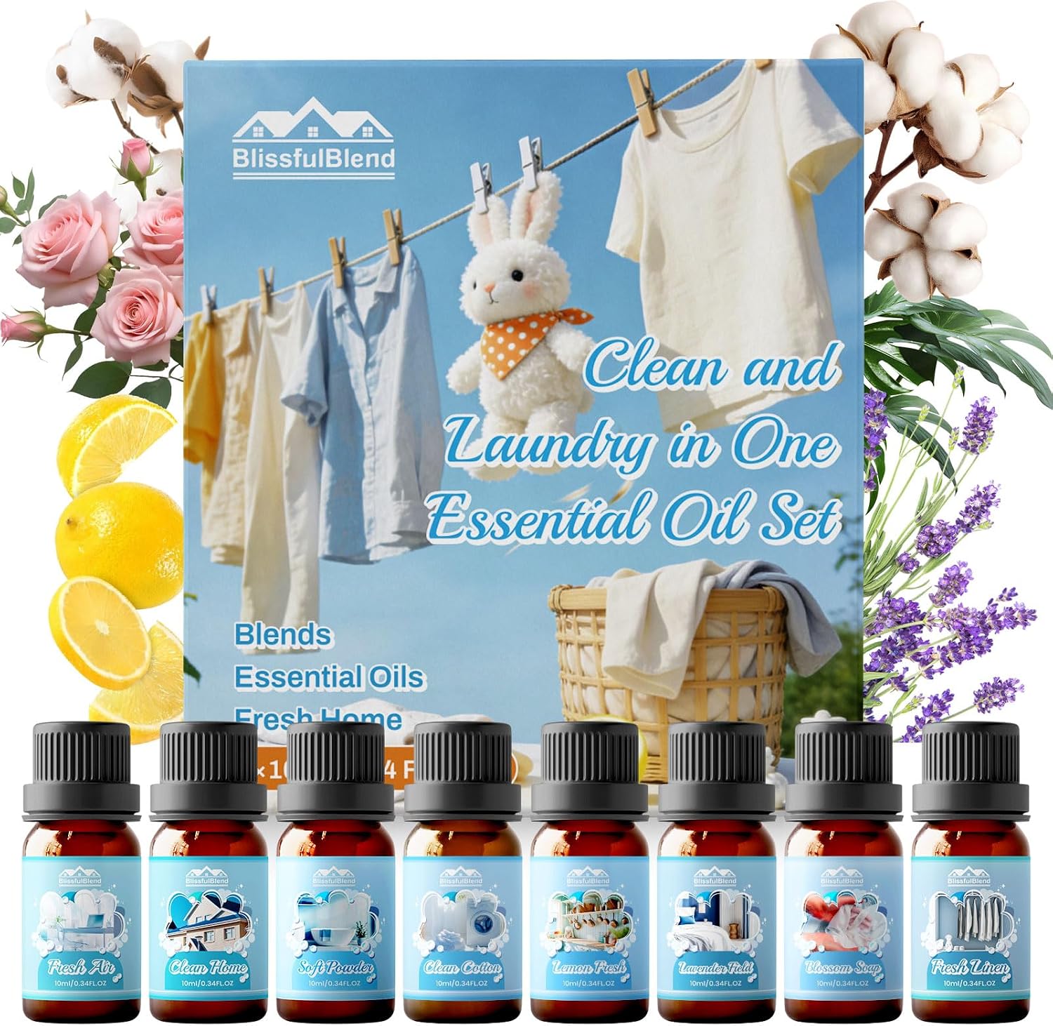 Essential Oils Set for Diffuser for Home, 8x10ml - Clean Fragrance Oils for Laundry, Candle & Soap Making, with Fresh Linen, Clean Cotton, Lavender Field, Lemon Fresh, Blossom Soap