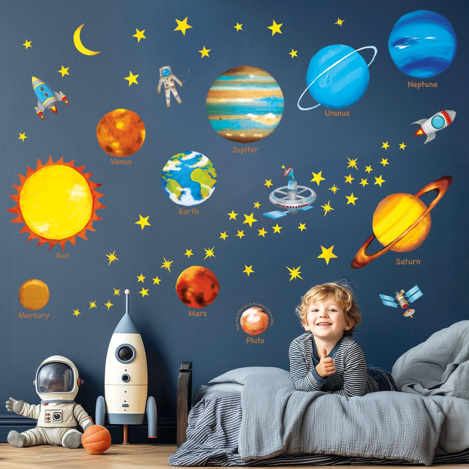 DECOWALL Pegatinas de Pared del Sistema Solar y Planetas para Niños, Adhesivos Decorativos Educativos del Espacio con Nombres en Inglés para Habitación Infantil y Sala de Juegos (DS8-1307)