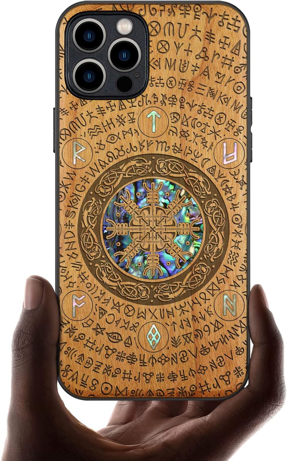 Carveit Designer Wooden Protective Case for iPhone 12 Pro Max Magnetic Cover [Wood Engraving & Shell Inlay] Wood Phone Case Compatible with 12 Pro Max MagSafe 6.7 Inch (Viking-Walnut)