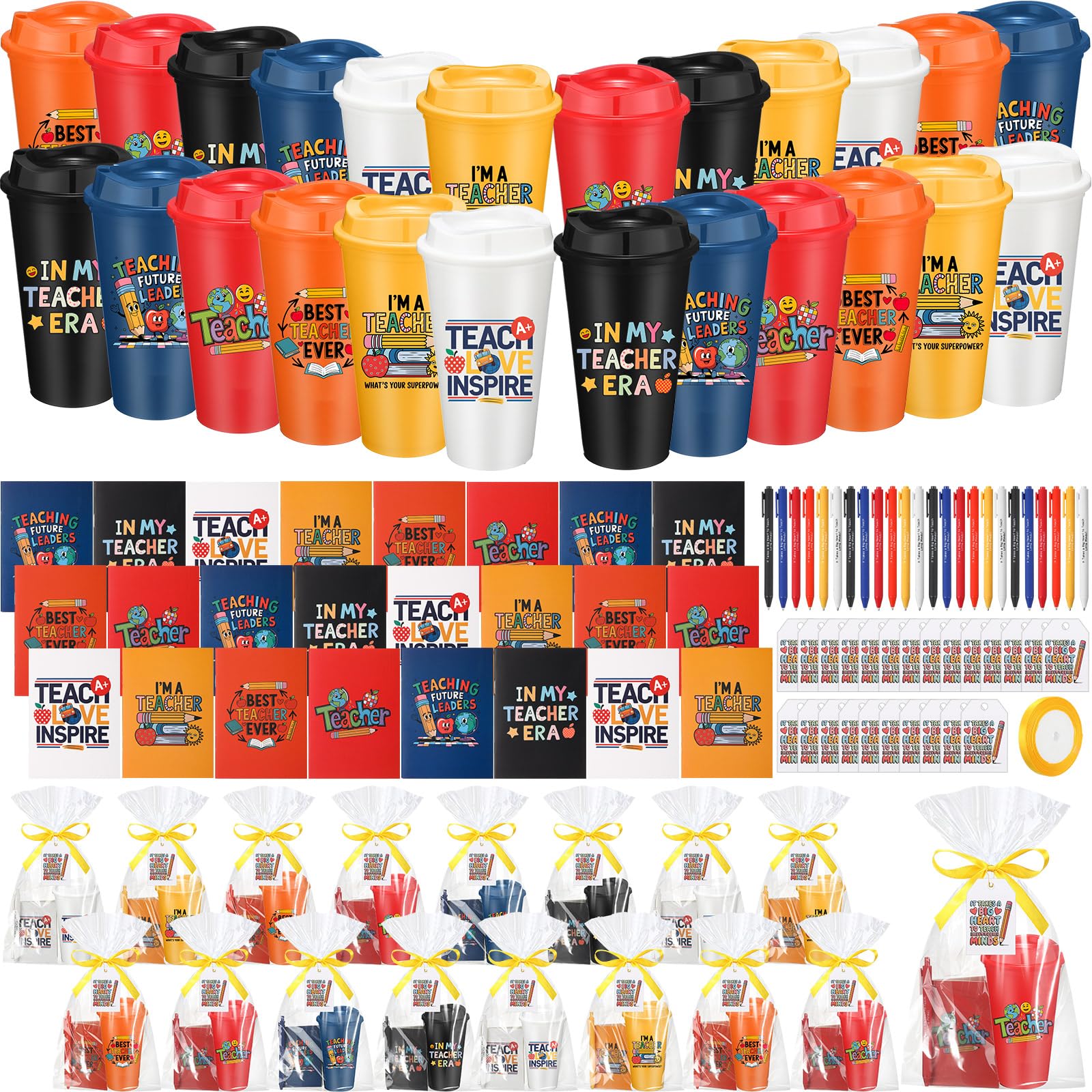 Thenshop Set da 24/96 pezzi di tazze da caffè ispiratrici con coperchio, mini quaderni, penna a sfera e sacchetto regalo, per Natale, colleghi, personale, feste (insegnante)