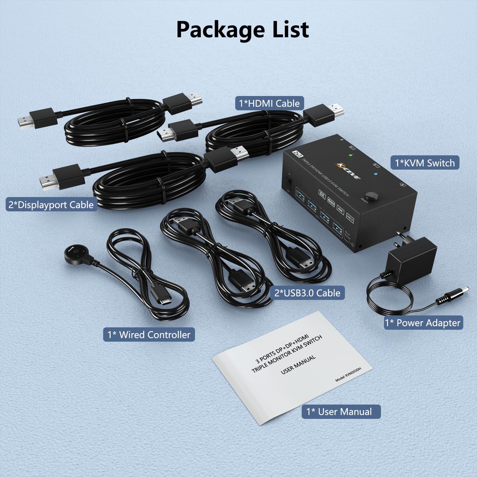Przełącznik KVM, 2 szt., 3 monitory, 8K przy 60 Hz, 4K przy 144 Hz, ESKEVE HDMI+2 Displayport KVM Switch do 2 monitorów komputerowych, Share 3 i 4 urządzeń USB3.0, z zasilaczem DC 12 V + przewodowym