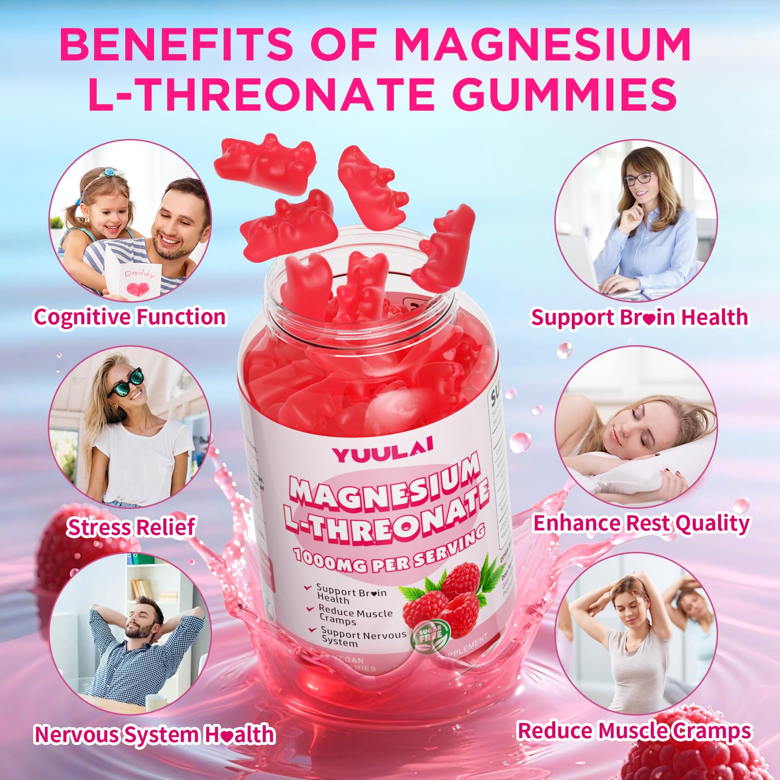 Pack of 2 Magnesium L-Threonate Gummies, Suagr-Free 1000MG Magnesium Threonate Supplement for Kids & Adults, Muscle & Nervous System Support, Raspberry Flavor, 60 Count
