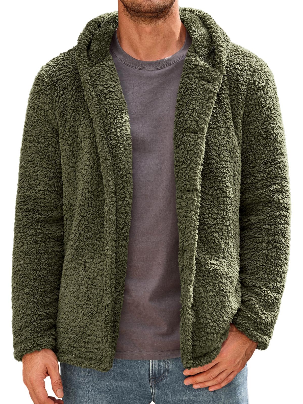 Runcati Mens Fuzzy Sherpa Hoodie Long Sleeve Button Down Fleece Jackets Casual Winter Hooded Sweatshirt