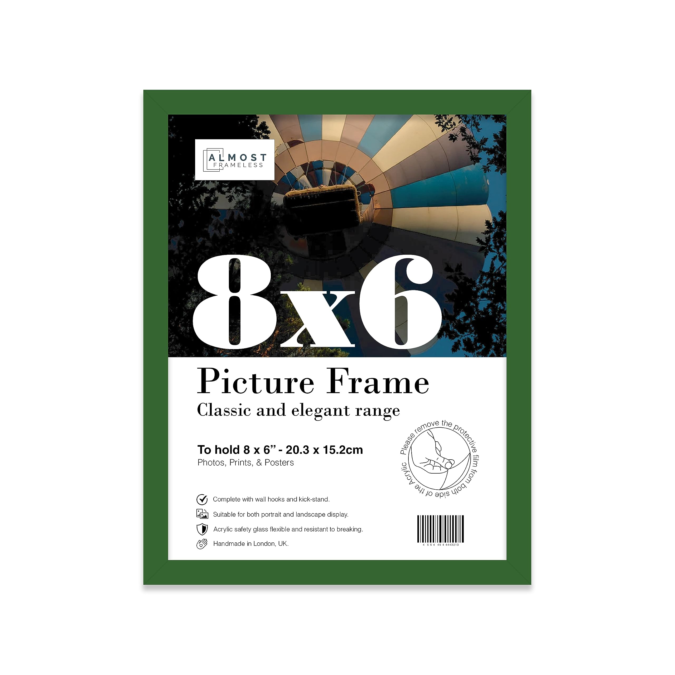 Almost Frameless 8x6 Green Picture Frame 8"x6"(20.3x15.2cm) Poster, Photo, Artwork, or Print. Thin Edge Slim Frame Portrait and Landscape Display with Wall Hooks