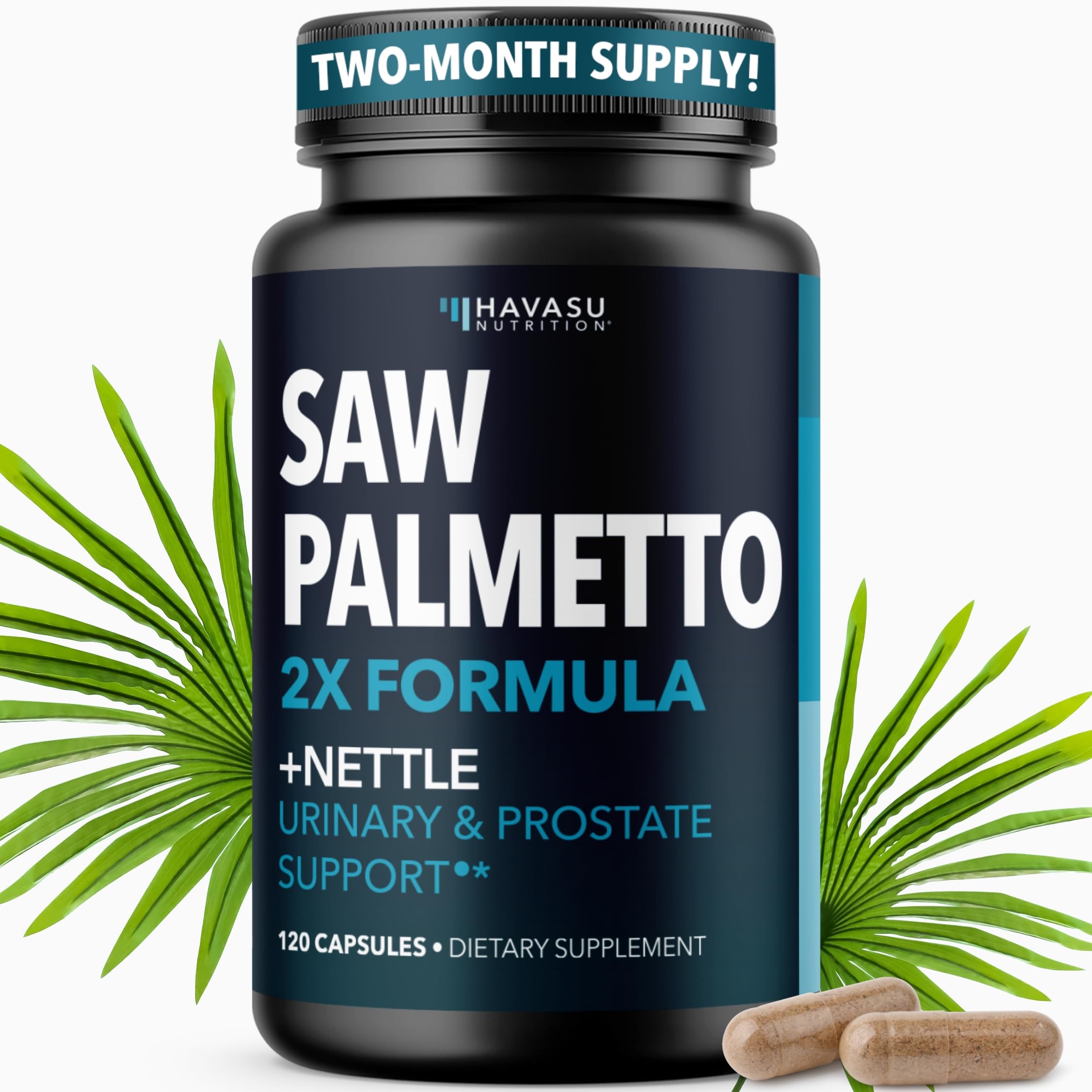 Saw Palmetto with Stinging Nettle Capsules - 2X Prostate Support Supplement for Men’s Health - 120 Count - DHT Blocker for Urinary Tract Function and Hair - Vegan, Non-GMO - 2 Month Supply