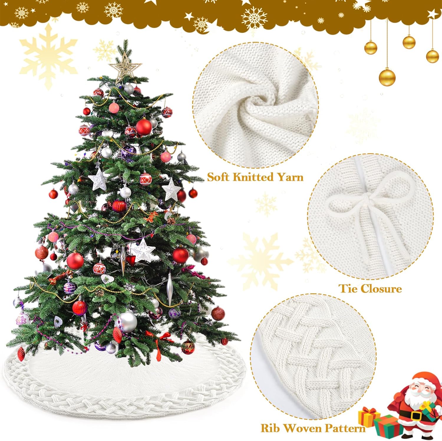 TOCHGREEN White Knitted Christmas Tree Skirt 48 inches Chunky Cable Knit Thick Rustic Christmas Tree Mat Farmhouse Decor Xmas Tree Base Cover for Home Holiday New Year Party Decor (White, 48inch)