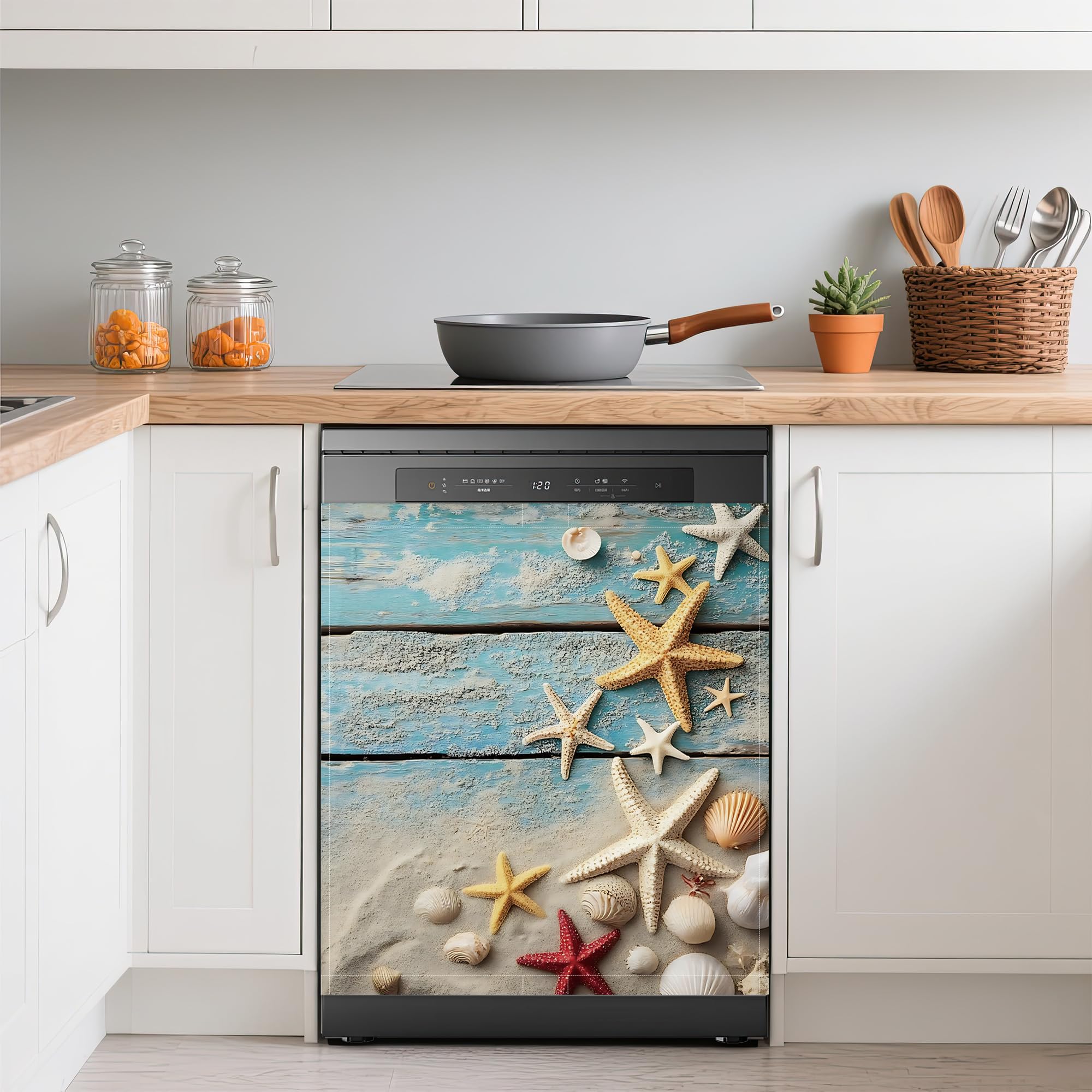 Beach Starfish Dishwasher Magnets Decorative Cover,Summer Blue Wood Board Waterproof Magnetic Dishwasher Cover Panel,Refrigerator Magnet Cover for Kitchen Home Decor 23x26 Inch