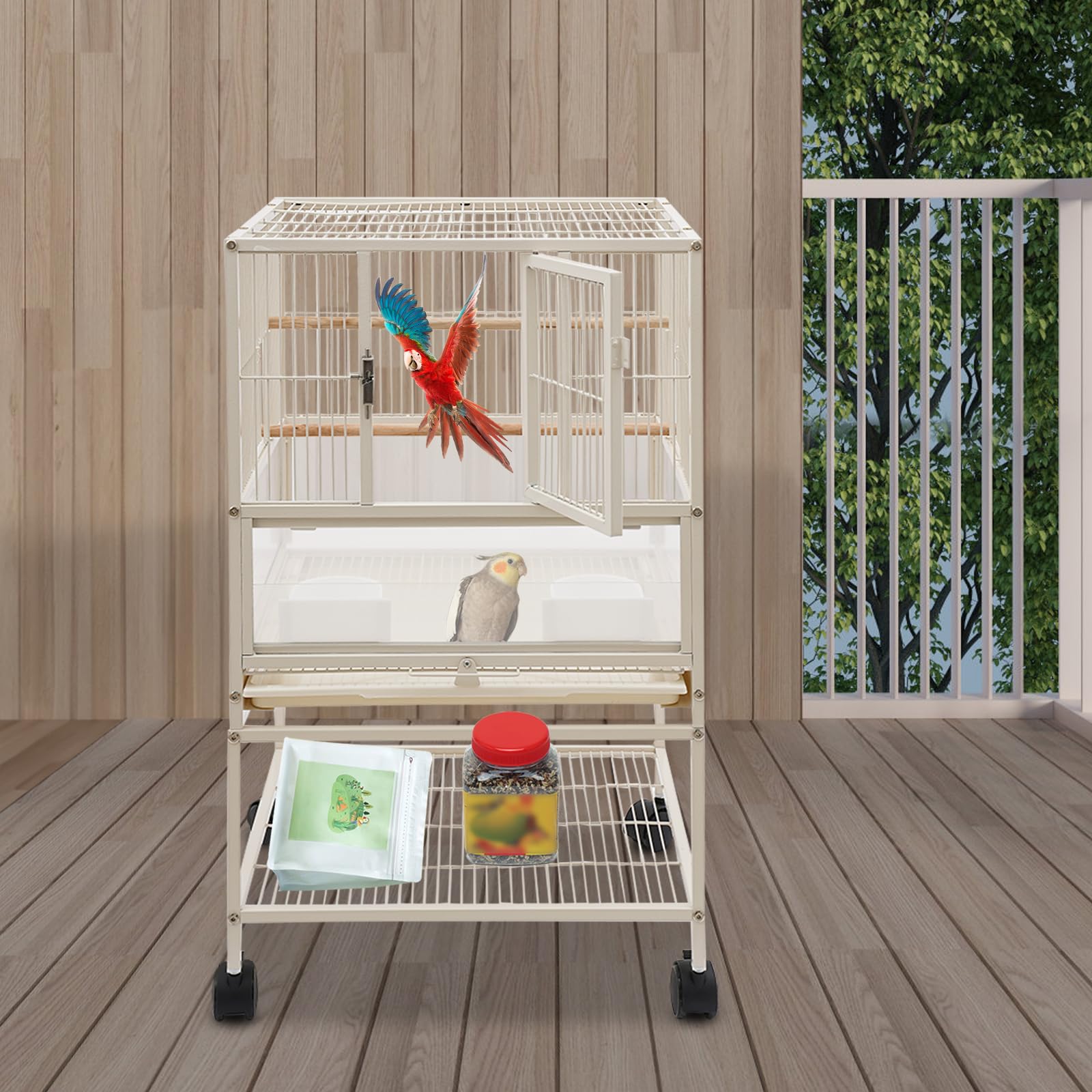 Jaula para pájaros blanca (48,5 x 46 x 83 cm), jaula para loros con 4 ruedas (2 con frenos), 2 cuencos para comer, nido de pájaros rectangular con placa antideslizante, jaula para pájaros pequeños y