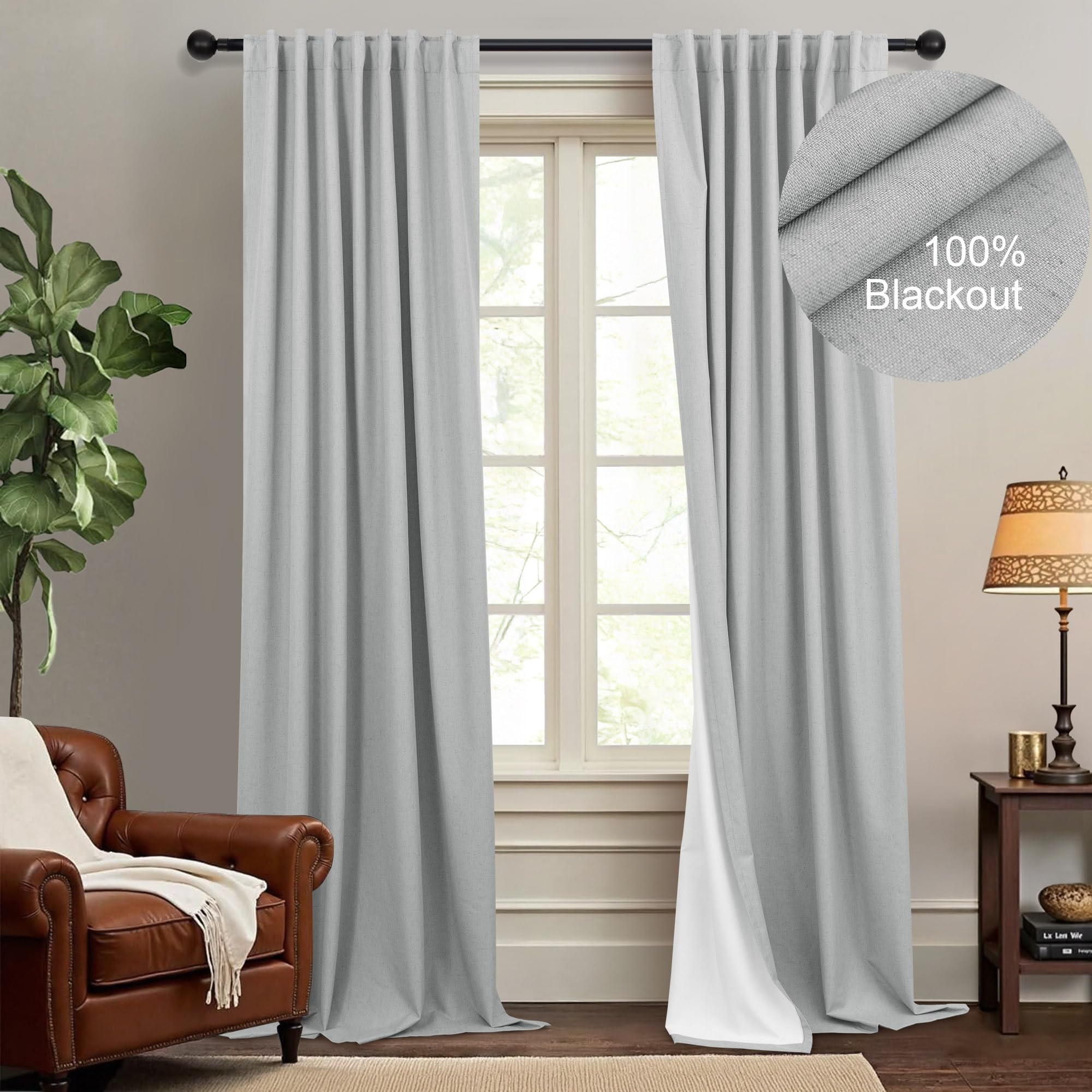 Total Blackout Curtains Full Shade 84 Inches Long Light Grey Gray Black Out Thick Linen Drapes for Living Room Thermal Insulated Bedroom Heavy Duty