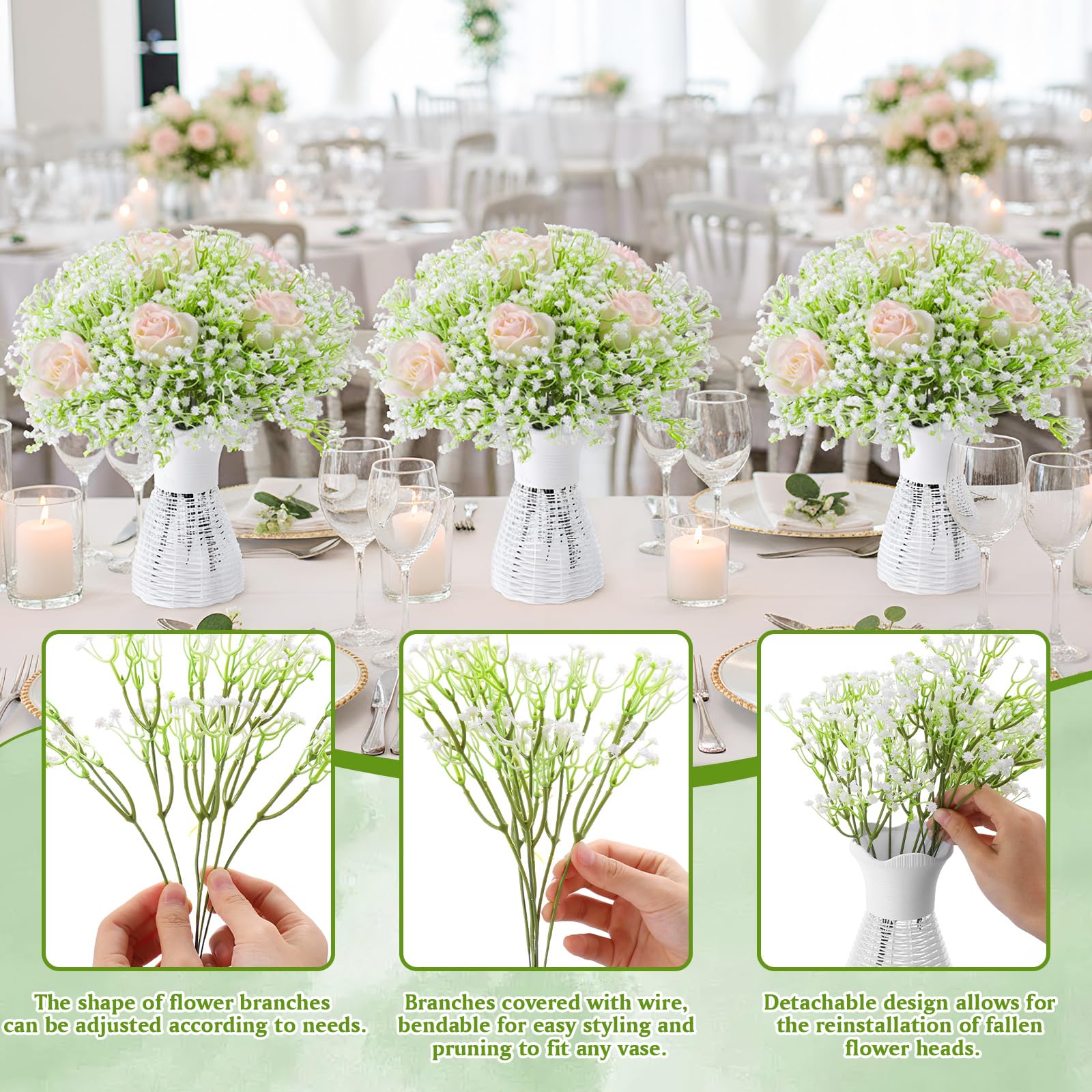 Leinuosen Künstliche Blumen in Rattan-Vase, 12-teiliges Set, Schleierkraut, künstliche Blumen, Großpackung mit 12 weißen Blumenvasen, Korb für Hochzeit, Party, Zuhause, Garten, Tischdekoration, 12