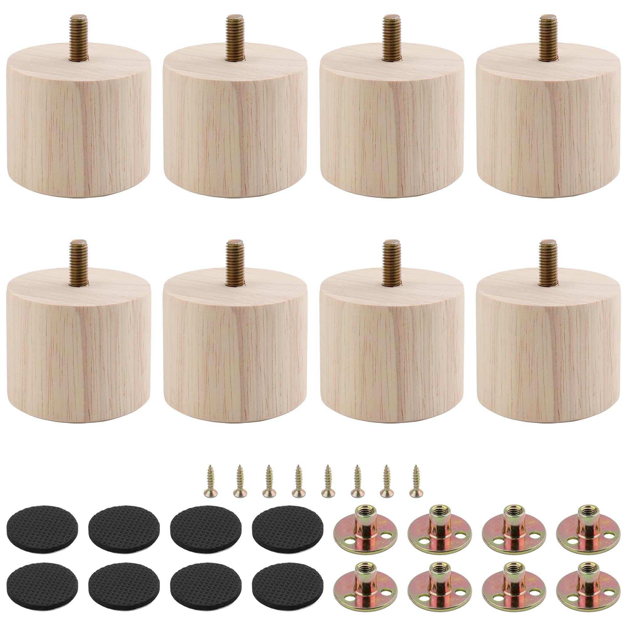 JAPCHET 8 Pcs 5cm Wooden Furniture Feet, Round Sofa Legs, Solid Wood Bun Feet with Screws and Mounting Plate for Cabinet, Sofa, Bed