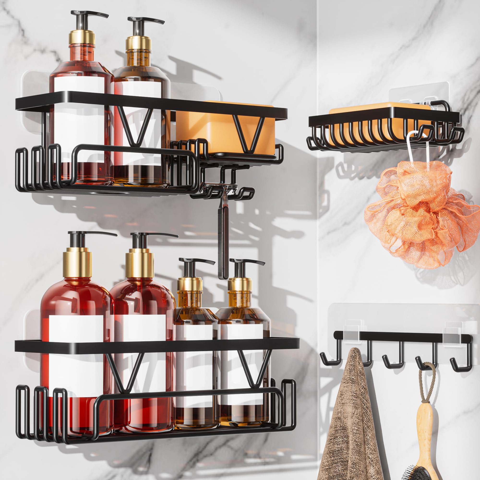 KEGII Adhesive Shower Caddy - Black Stainless Steel No Drill Shower Storage Shelves with Soap Holder & Hooks, Rustproof Stick on Bathroom Organiser for Shampoo