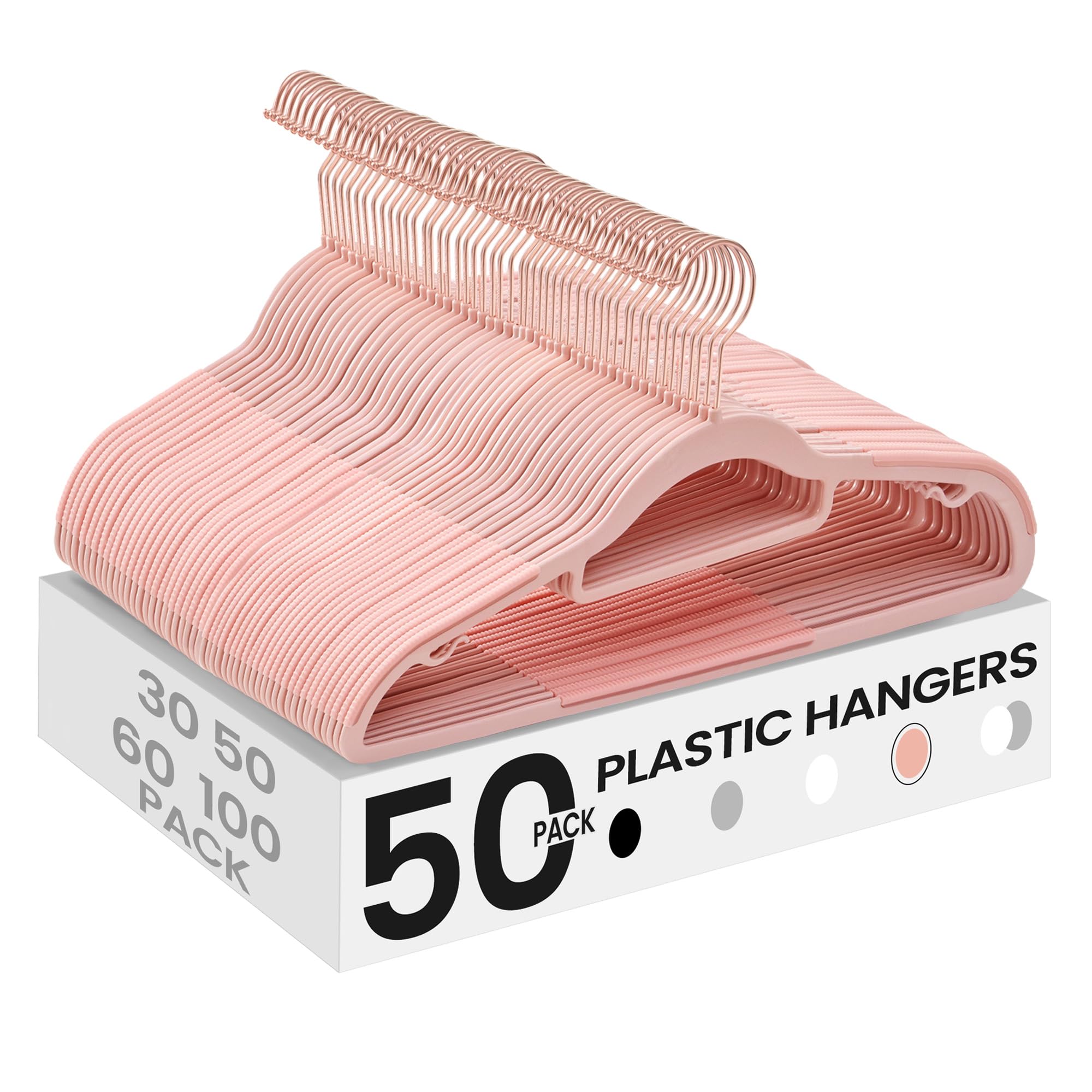 SONGMICS Pack of 50 Coat Hangers, Space-Saving Plastic Clothes Hangers, Non-Slip, 0.2 Inches Slim, 16.5 Inches Wide, 360° Swivel Rose Gold Hook, Light Pink UCRP20PK05
