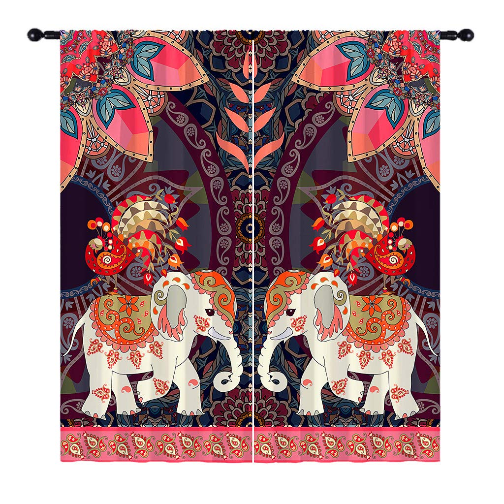 ANHOPE Boho Curtains Indian Bohemian Floral Hippie Art Theme Window Drapes Mandala Flower Elephant Peacock Print Pattern Rod Pocket Privacy Curtains for Bedroom Living Room 2 Panels 42 x 63 Inch
