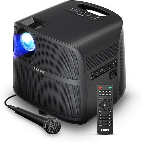 ION Proyector LED portátil para exteriores con altavoces de 70 W, Bluetooth, batería recargable, micrófono, conexiones USB y HDMI, 720P HD