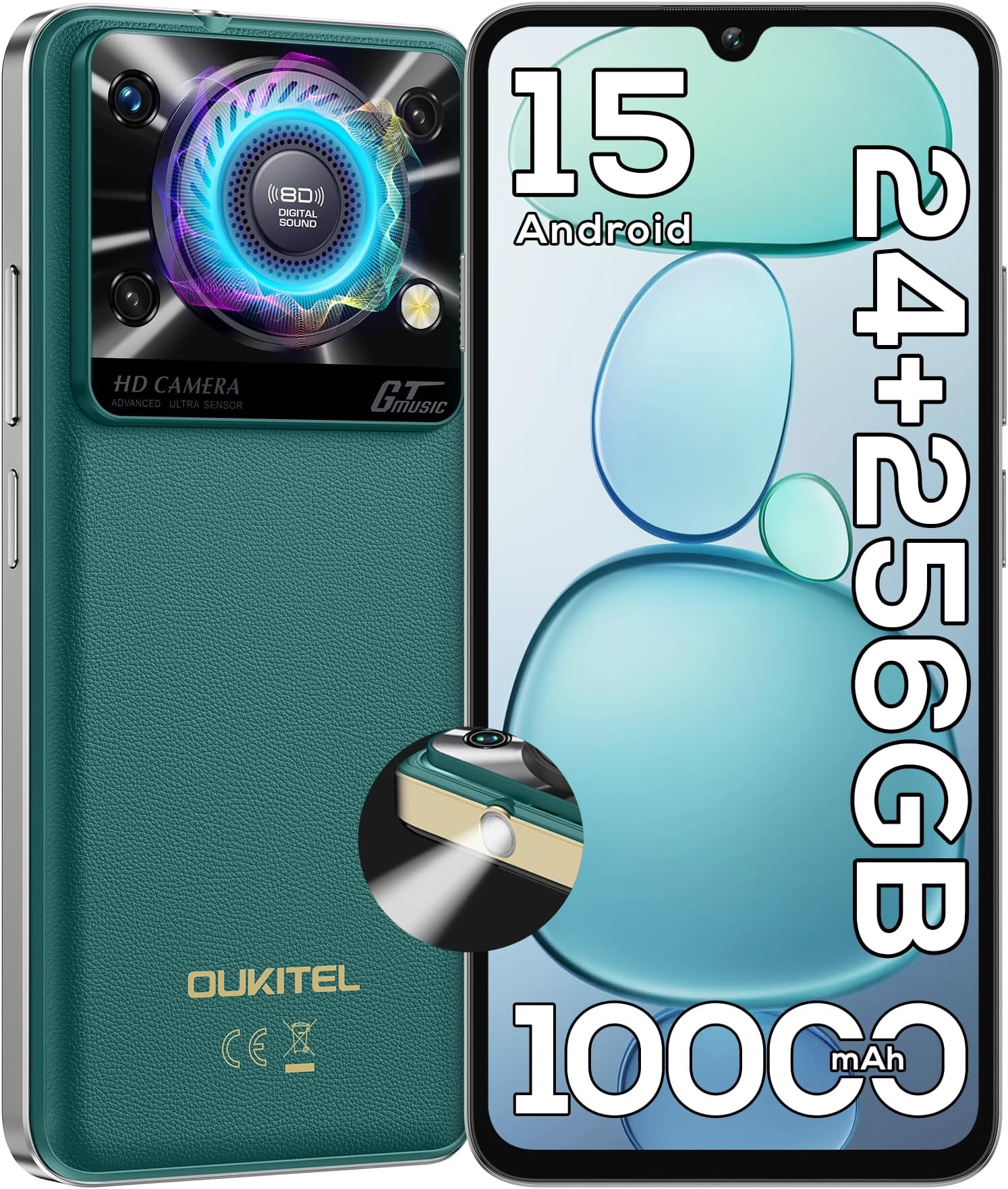 C60 PRO Android 15 Cell Phone Unlocked 2025-24GB+256GB/TF 1TB, 10000mAh Battery, 6.88'' Display Smartphone,110dB Speaker,120LM Flashlight, 13MP Camera, 4G Dual SIM Phones, GPS/NFC/OTG,Green
