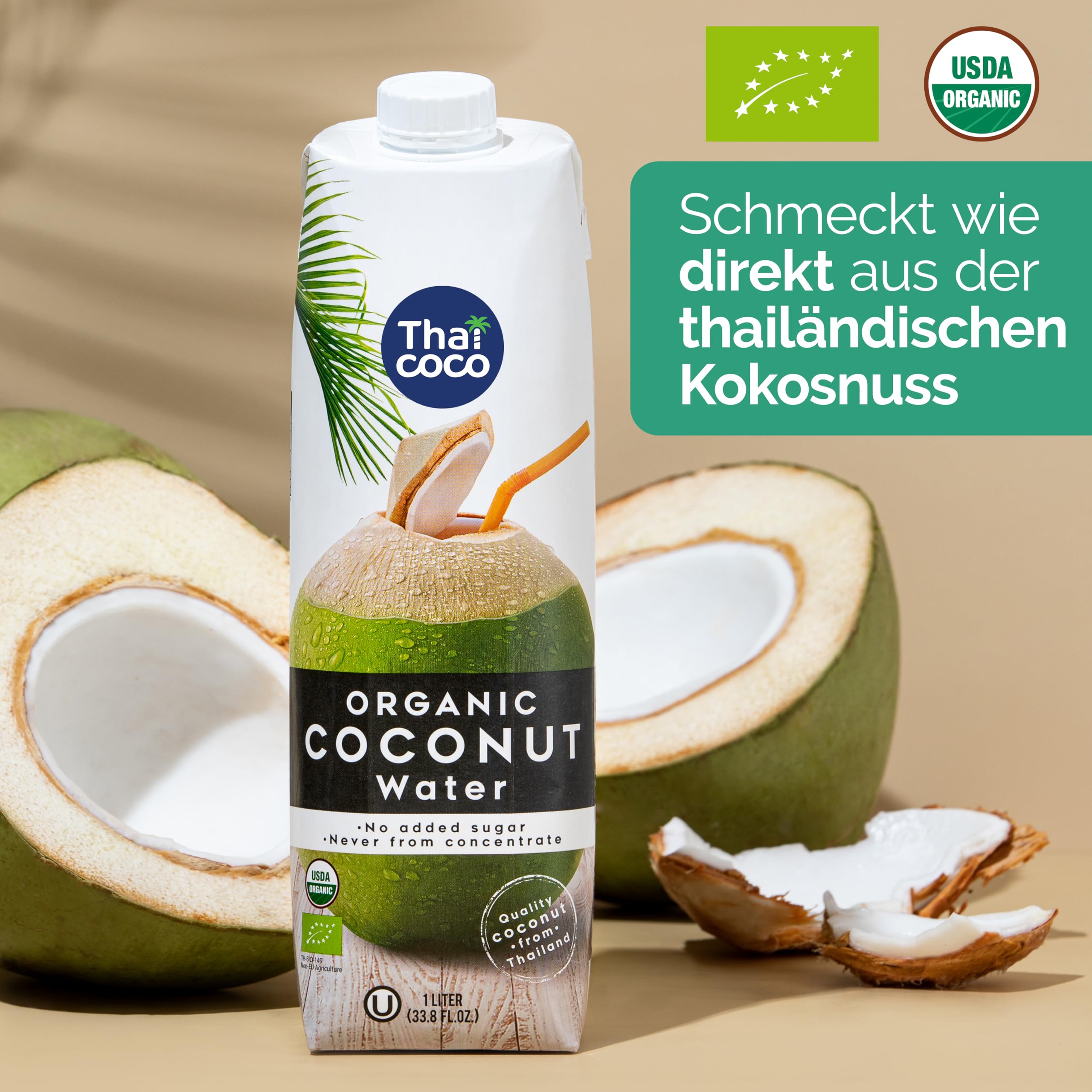 Thai Coco, agua de coco 100% pura, 12 x 1 l, procedente de Tailandia – Agua de coco natural con electrolitos – Sin azúcares añadidos ni conservantes – Bebida hidratante para el deporte y el día a día