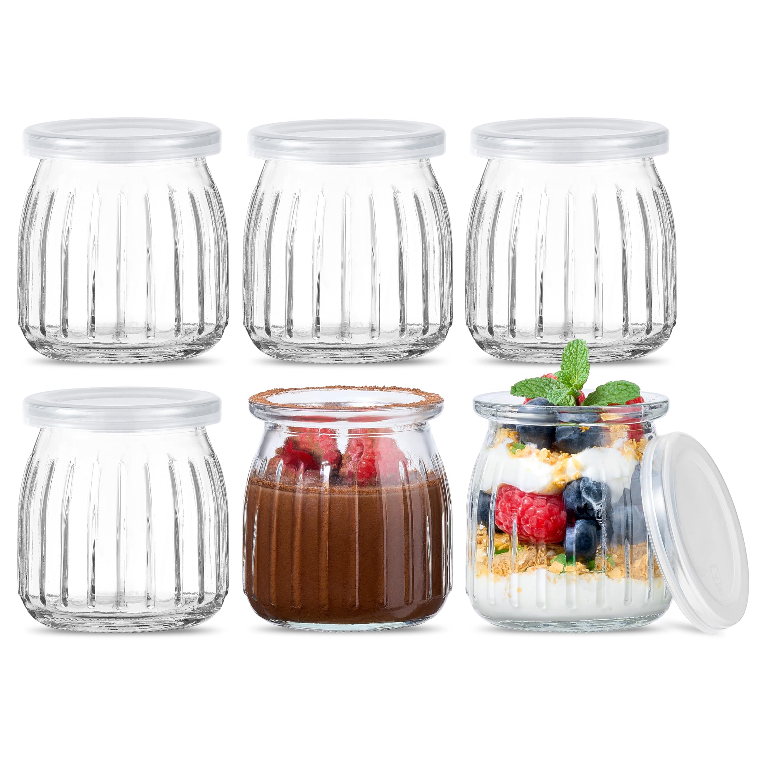 6 Pcs Yogurt Pudding Glass Storage Jars with Plastic Lids Vertical Pattern Glass Bottles (200ml)